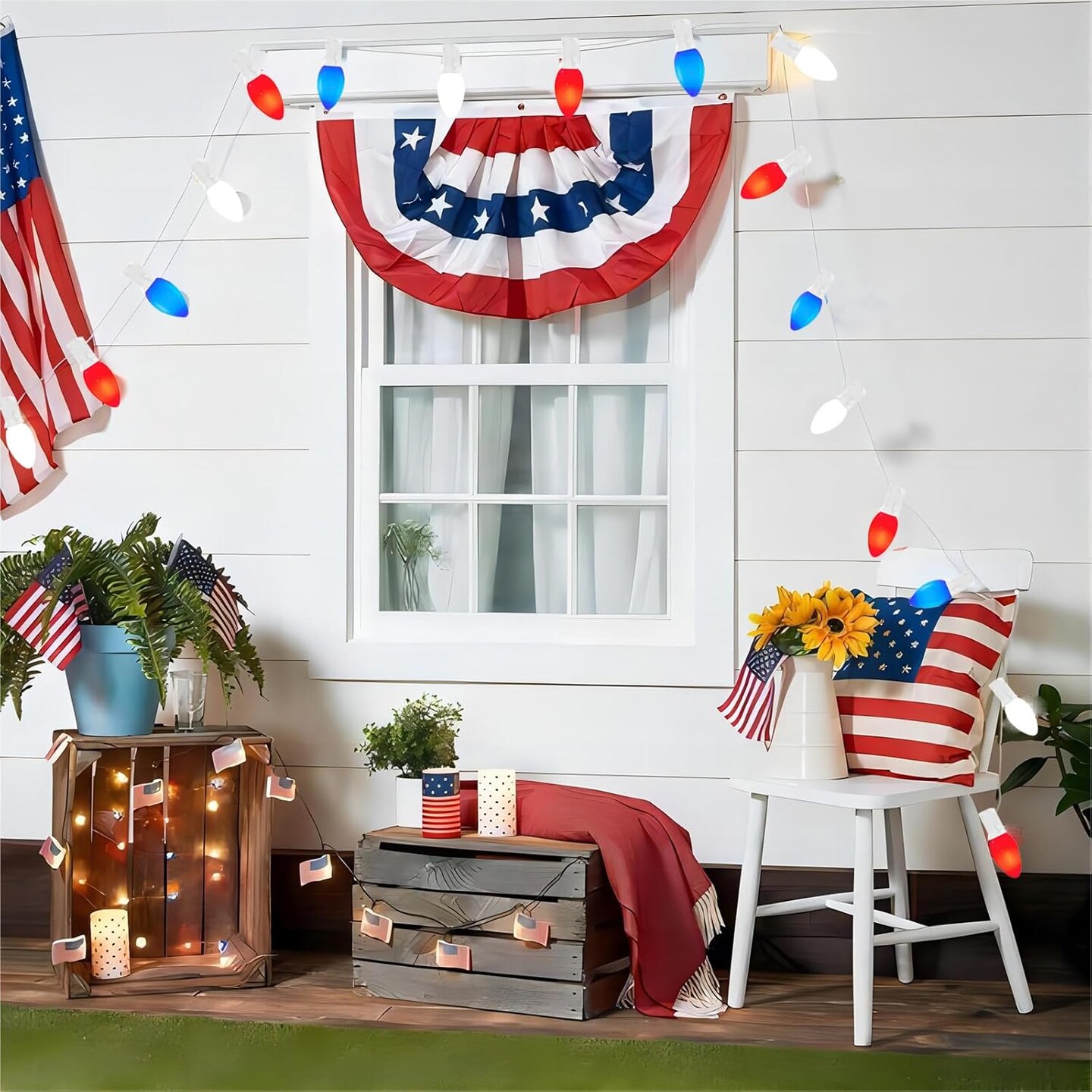 4th of July Outdoor Lights,25FT C7 LED Red White and Blue String Lights with 28 Bulbs(3 Spare),Patriotic Decorations Light for Memorial Day Independence Day Garden Backyard Decorations