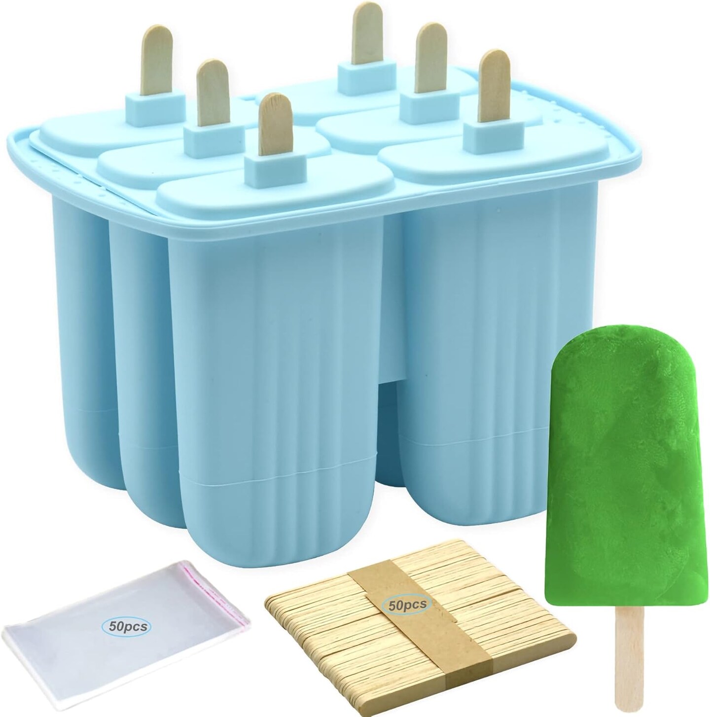 6-Piece Silicone Popsicle Molds BPA-Free – Reusable Easy-Release Ice Pop Maker for Kids, Homemade Popsicle Set with 50 Sticks & 50 Popsicle Bags (Blue)