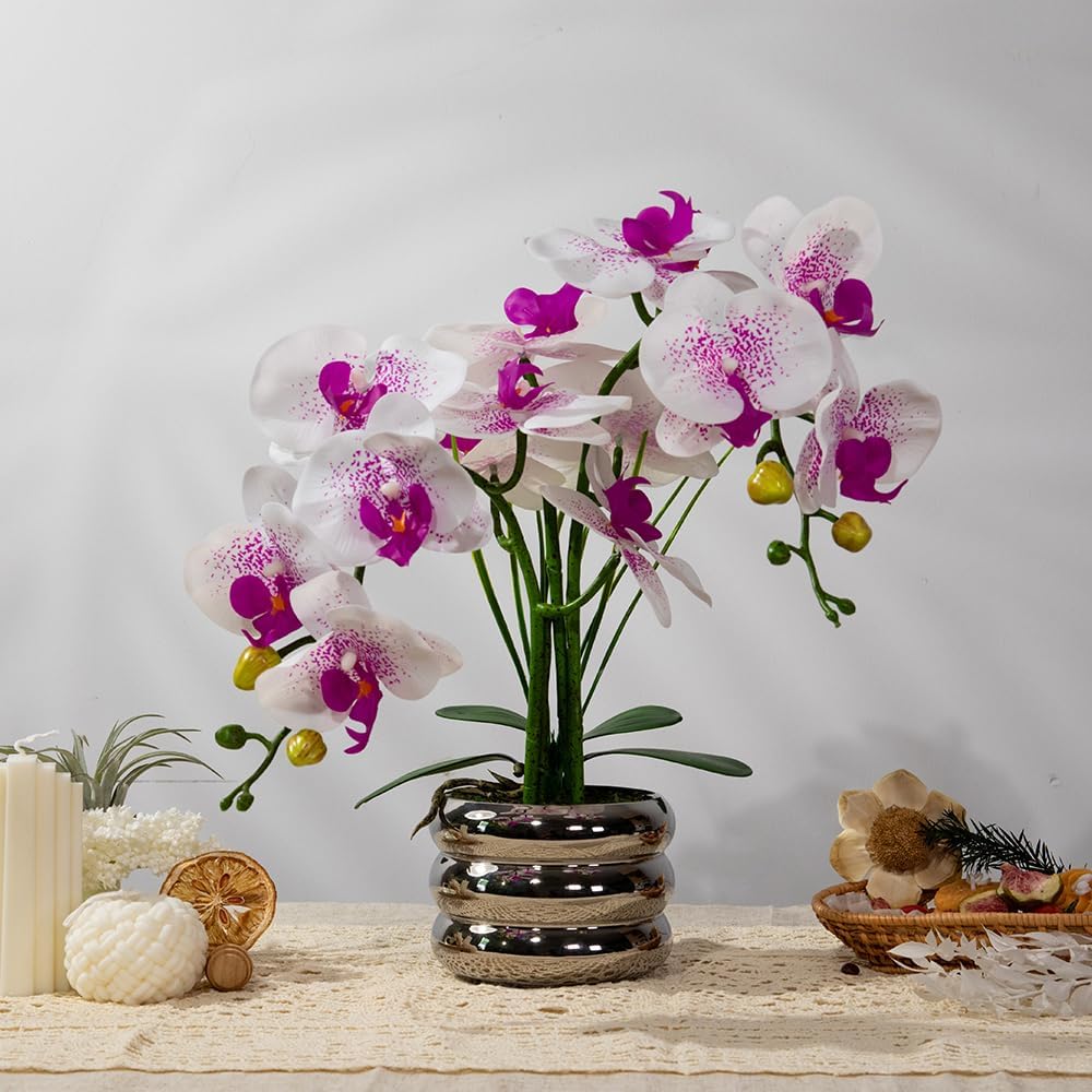 Artificial Orchids Flowers with Vase for Table Centerpieces, Floral Arrangements, Real Touch Faux White Orchid Phalaenopsis in Ceramic Vase for Home Wedding Kitchen Decoration (Silver Vase, White Purple)