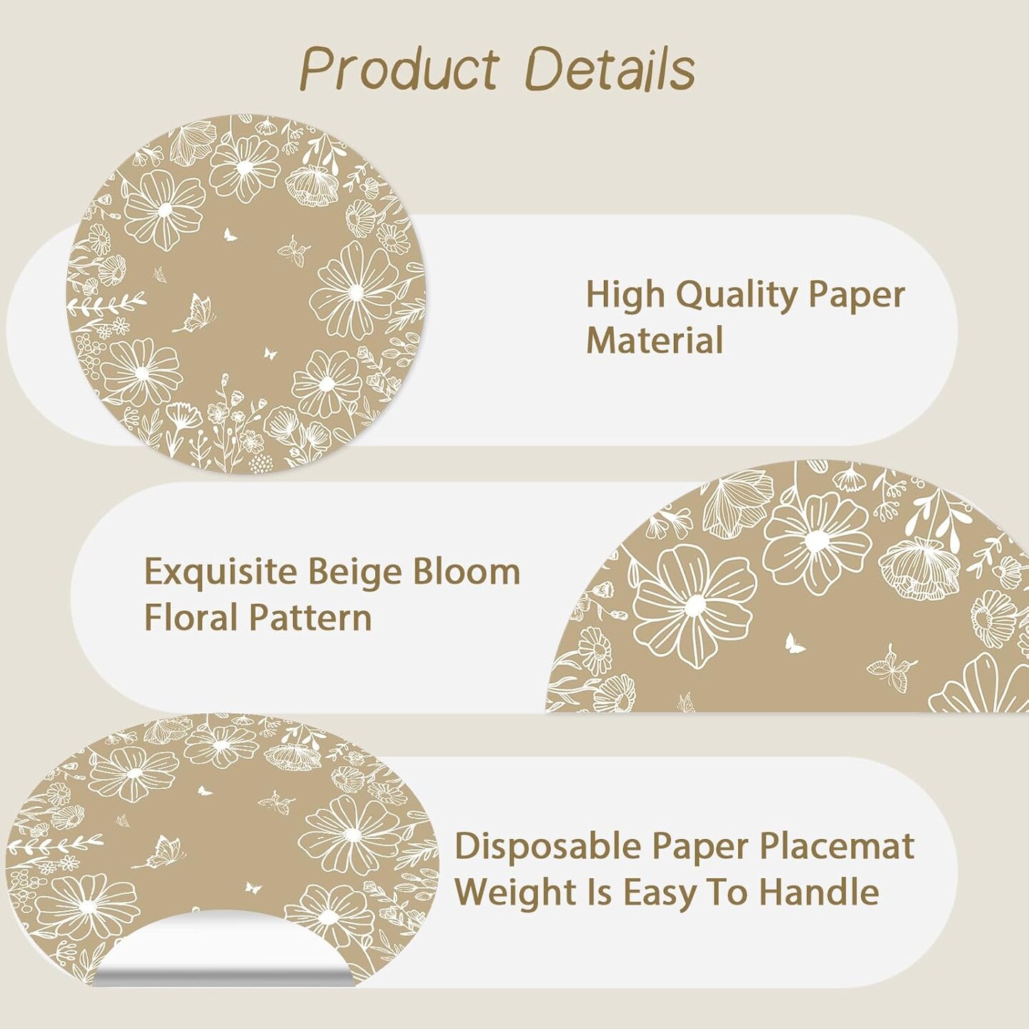 Paper Placemats Disposable 50 Pack Beige Bloom Flowers Place Mats 13.4 Inch Round Spring Floral Table Mats for Dinner Table Setting Birthday Wedding Spring Party Supplies