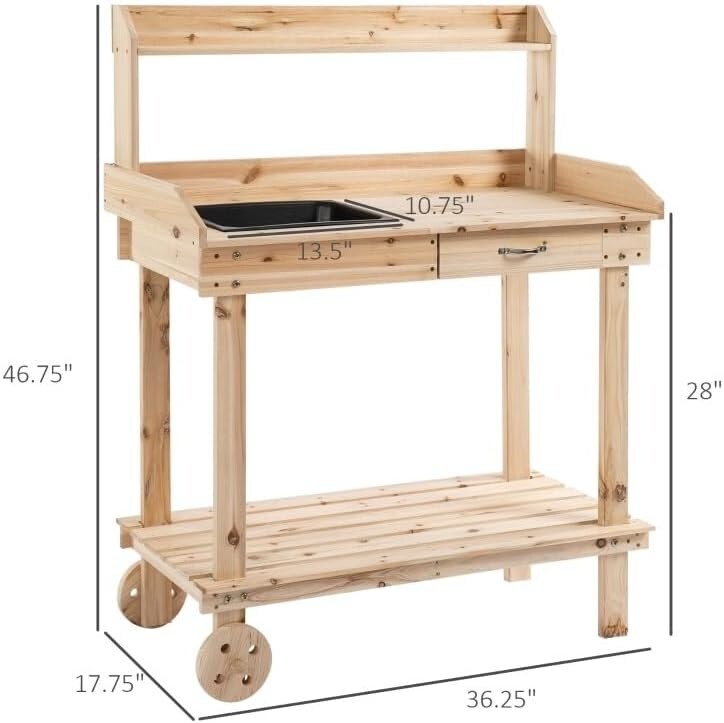 Wooden Potting Bench with Sink, Drawer &#x26; Storage on Wheels