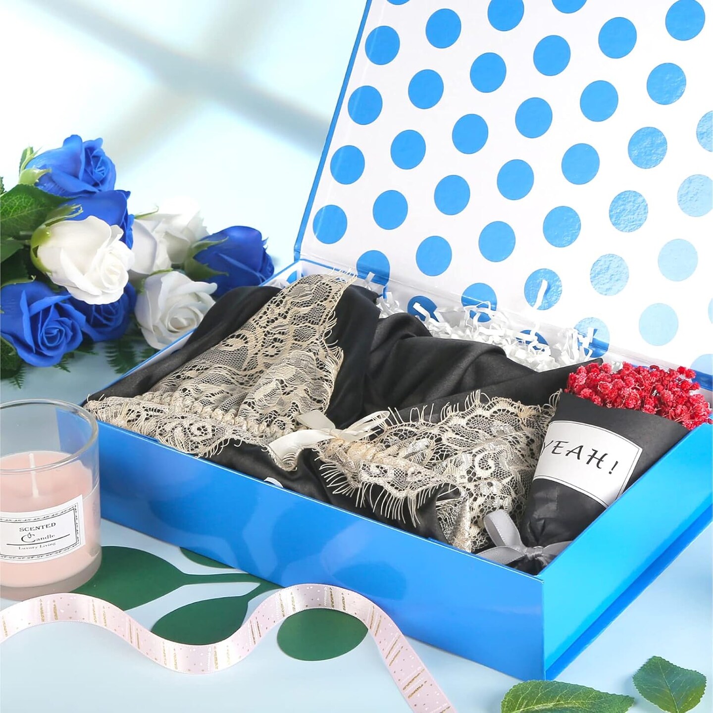 Blue Gift Box with Lid for Presents, Magnetic Shirt Gift Boxes for Clothes (Glossy Metallic Blue, Polka Dot Design Inside)