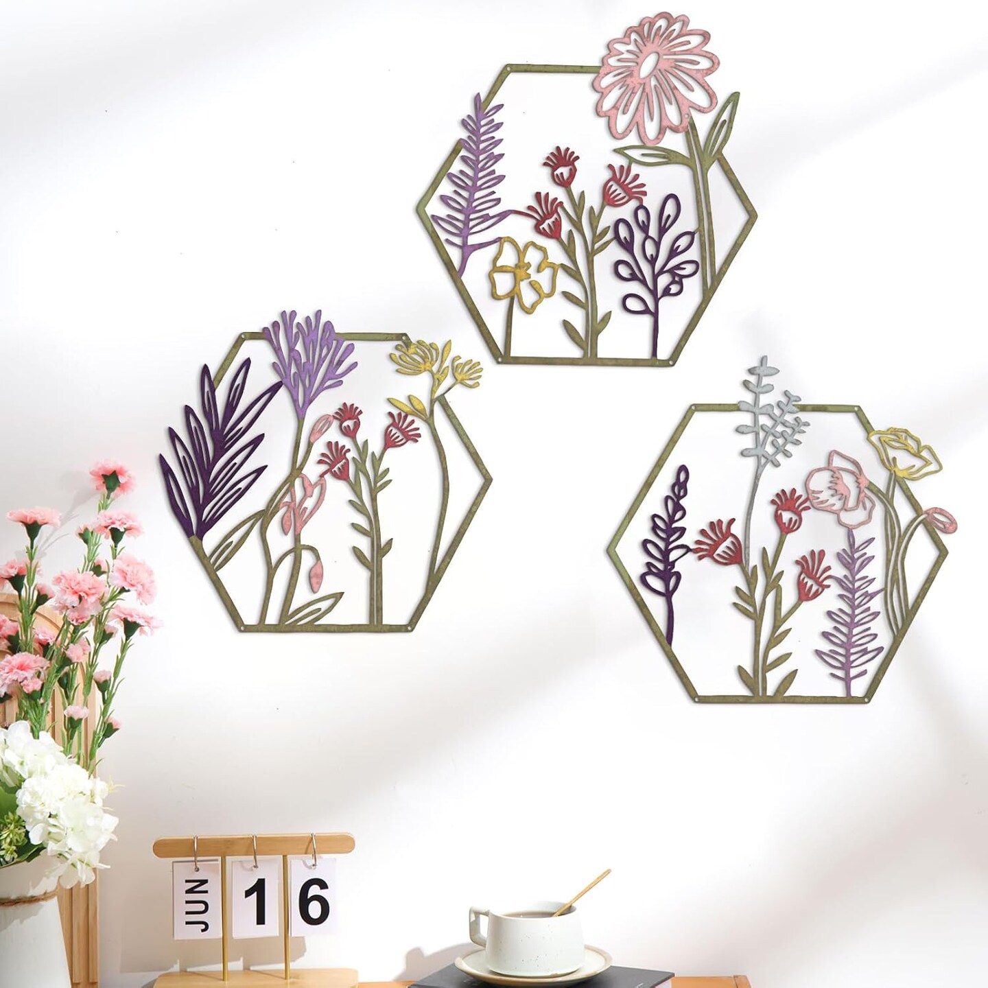 3 Pcs Metal Flower Wall Decor Minimalist Floral Wall Hanging Decor Meta Flower Art Floral Decor for Living Room Bathroom Kitchen Indoor Outdoor(Colorful)