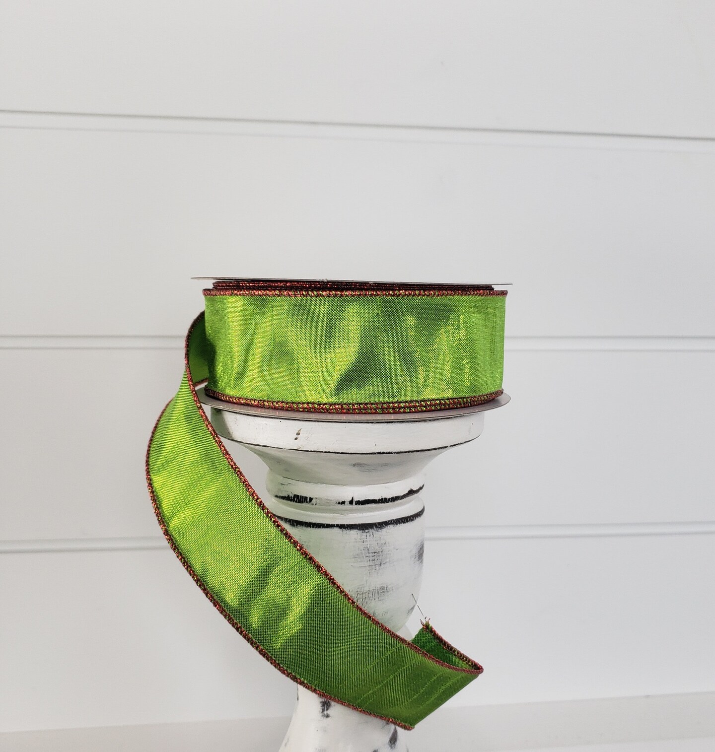 1.5&#x22;x10yd Metallic Faux Dupioni Wired Ribbon - Shimmering Elegance in Lime Green and Red-RGA1434WY