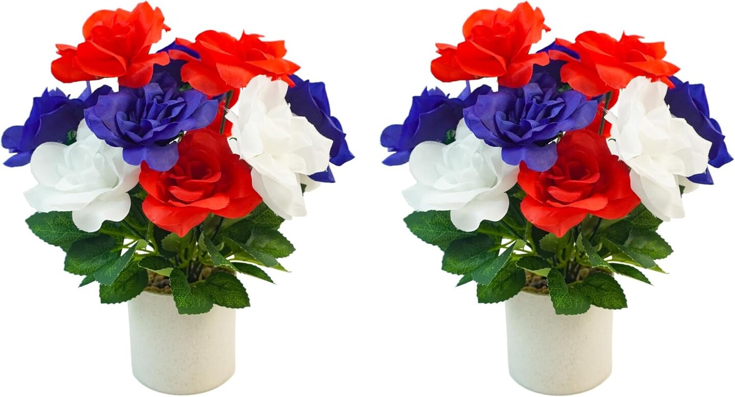 2 Pack Artificial Patriotic Flowers, 4th of July Decorations Red White and Blue Rose Flowers Patriotic