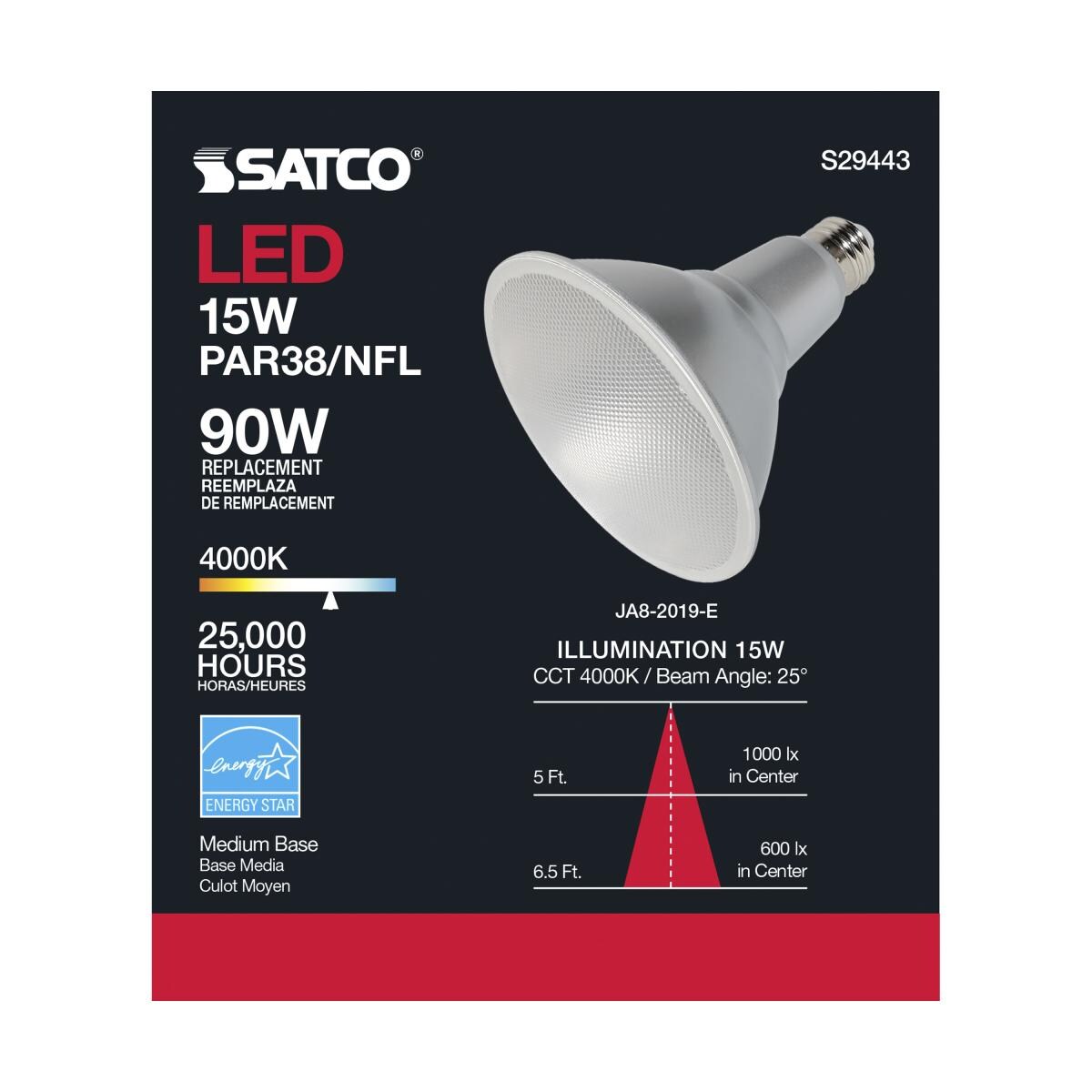 Satco 15w PAR38 LED 25 deg. Beam E26 Medium base 4000k Cool White