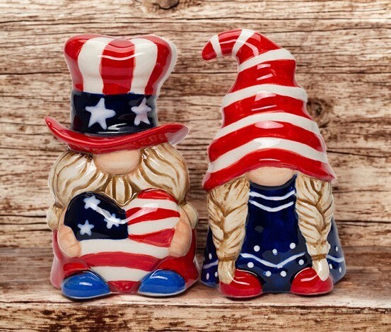 Ceramic Patriot Gnome Salt and Pepper Shakers, July 4th Decor, Independence Day Decor, Patriotic Gift, Gnome Collector Gift