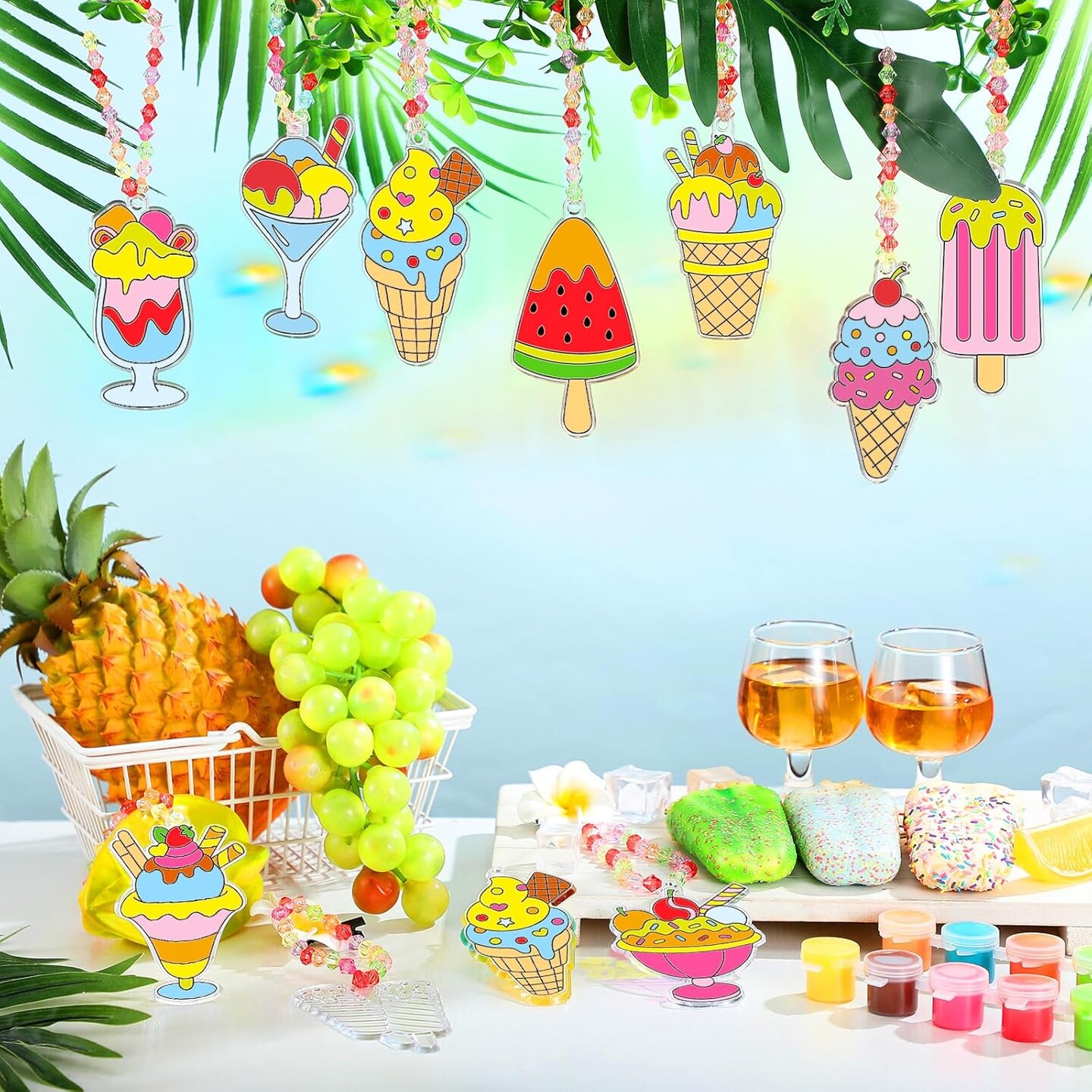 30 Sets Summer Suncatchers Window Art Drawing Kits DIY Ice Cream Sun Catcher Crafts Bulk Paint Your Own Window Hanging Ornaments