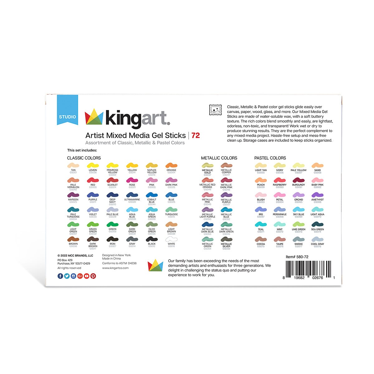 KINGART&#xAE; Gel Stick Artist Mixed Media Watercolor Crayons, Set of 72 Unique Colors
