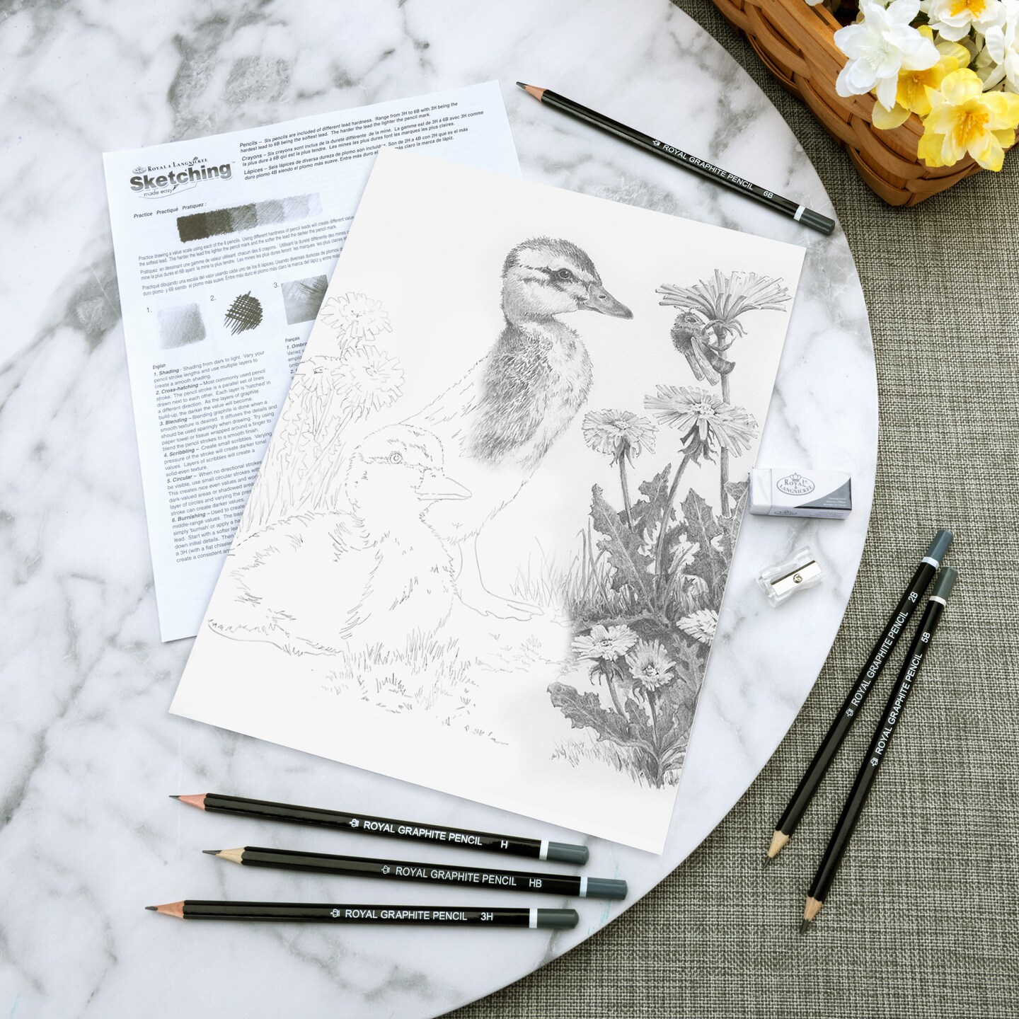 SKBN31 | Sketching Made Easy&#x2122; 10pc 8.75&#x22; x 11.75&#x22; Ducklings, Dandelions and Bee Sketching Art Project