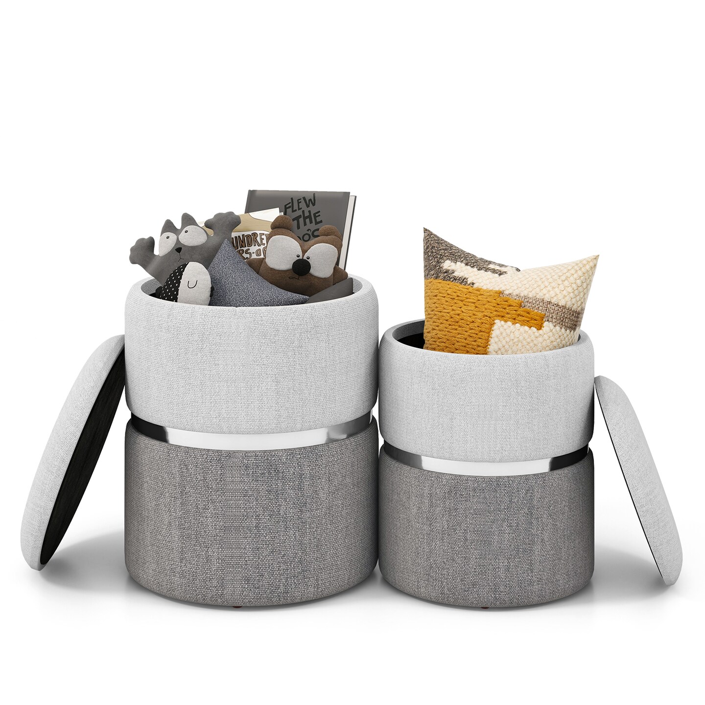 Set of 2 Stackable Velvet/Linen Storage Ottomans with Reversible Tabletop Lid