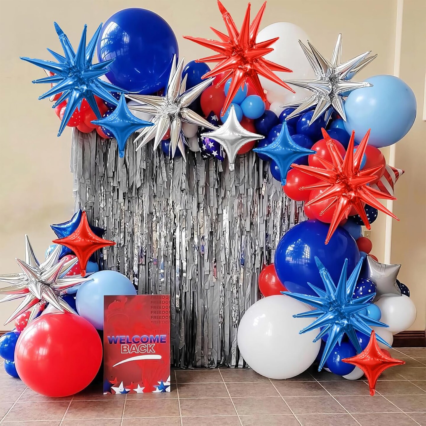 Red Blue Silver Star Balloons,Explosion Star Balloons Kit with 6Pcs 22Inch Cone Star Foil Balloons and 10Pcs 10Inch Four Pointed Star Balloons