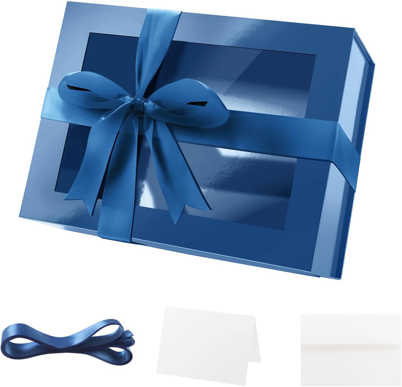 Blue Easter Gift Box with Window, 9x6.5x3.8 Inches, Clear Gift Box for Present Contains Ribbon, Card, Groomsman Proposal Boxes with Magnetic Lid (Glossy Blue)