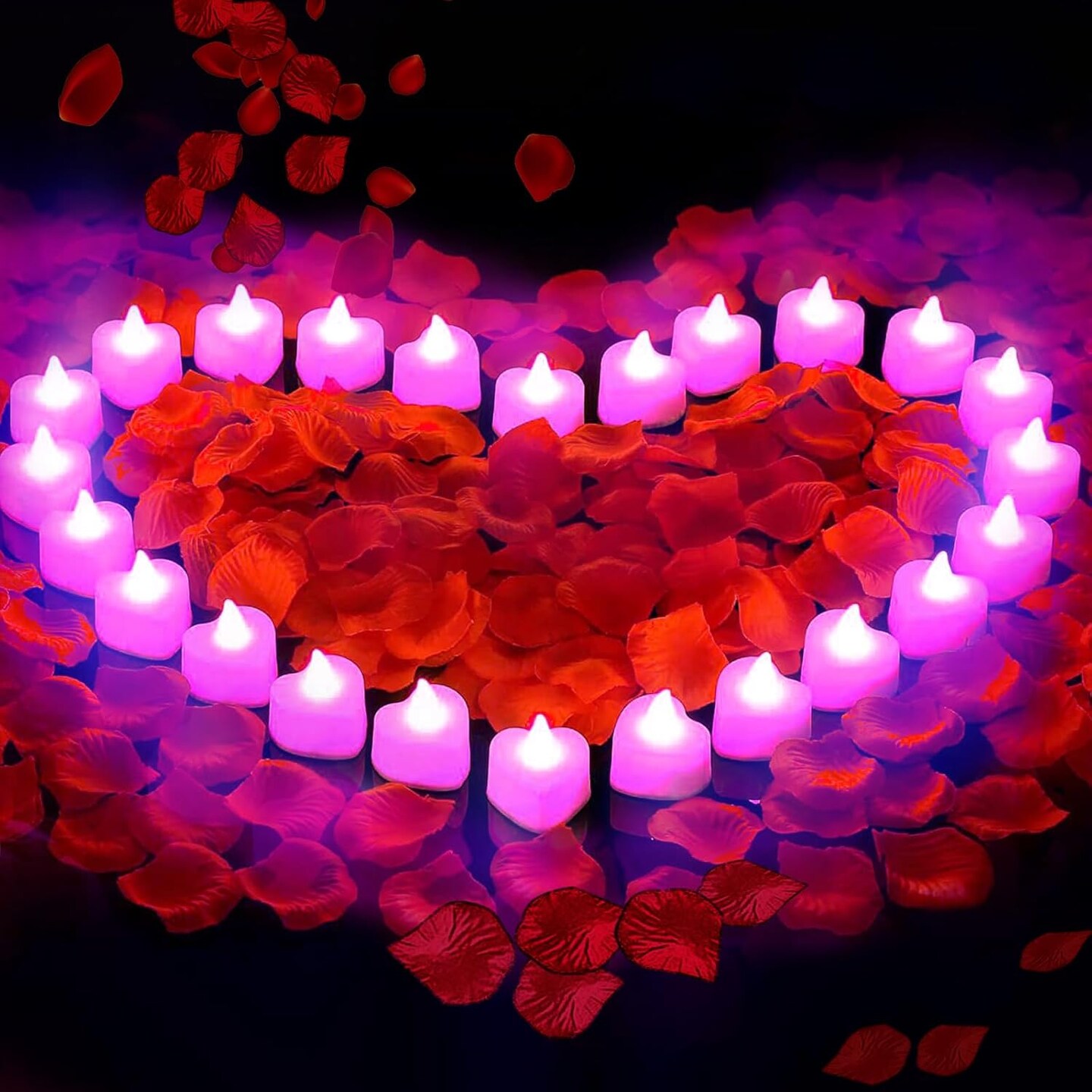 2000PCS Silk Rose Petals with 24 LED Tea Lights Candles, Romantic Night Decoration Set, Romantic Valentine, Wedding Anniversary