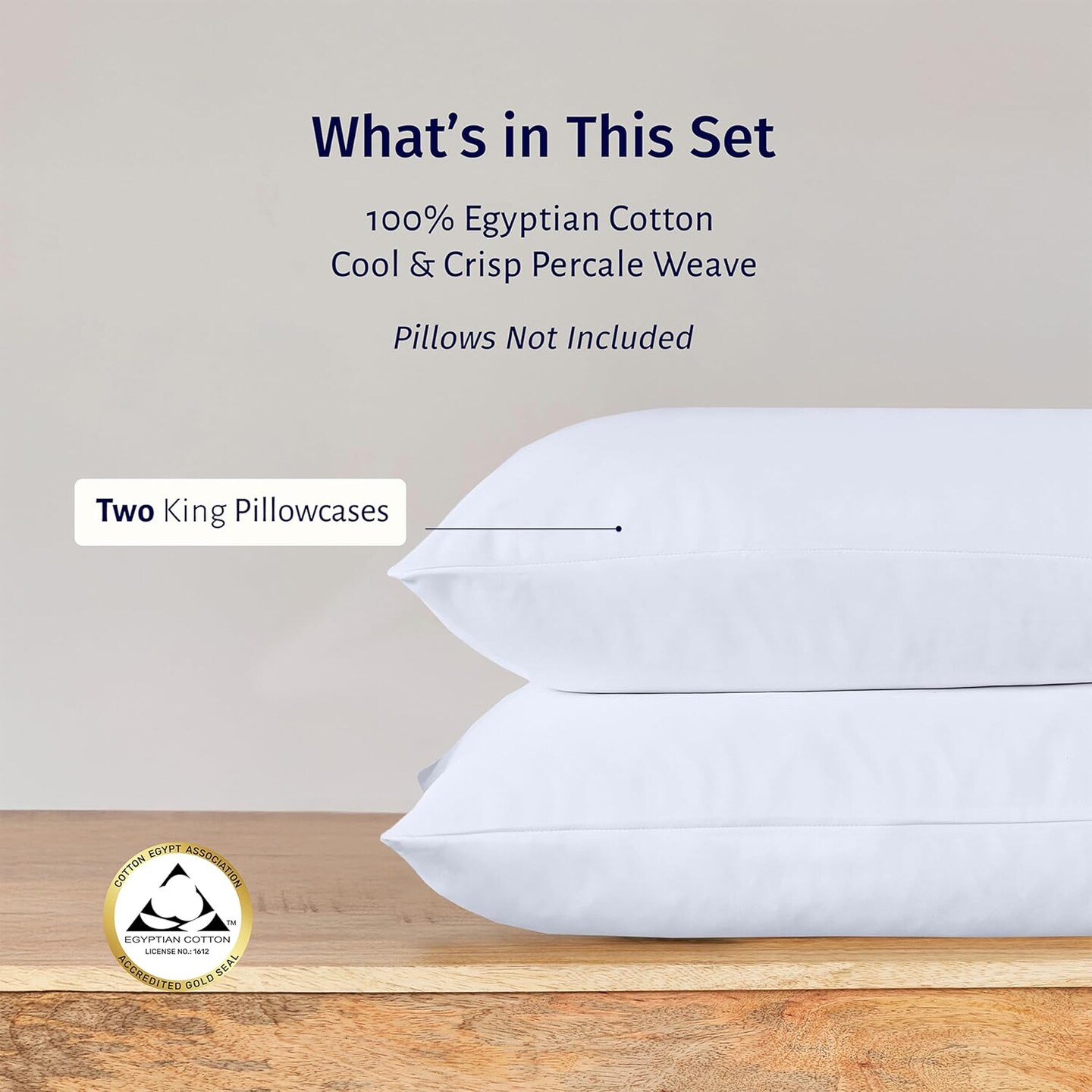 Luxury 100% Egyptian Cotton Pillow Cases King Size Set of 2 - Crisp Percale, Soft &#x26; Breathable Cotton Pillow Covers - White