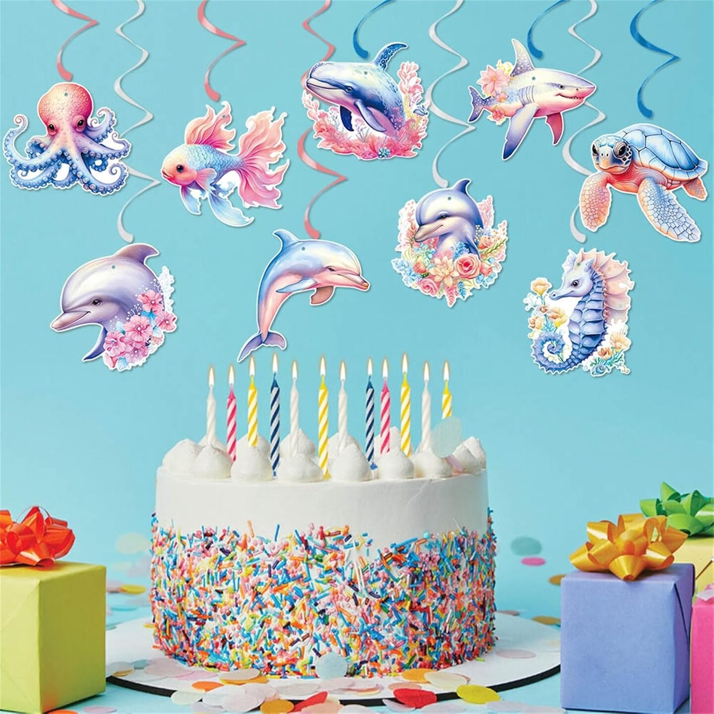 18 Pieces Ocean Animals Hanging Swirl Summer Decorations, Under The Sea Party Decor Marine Life Party Swirls Streamers