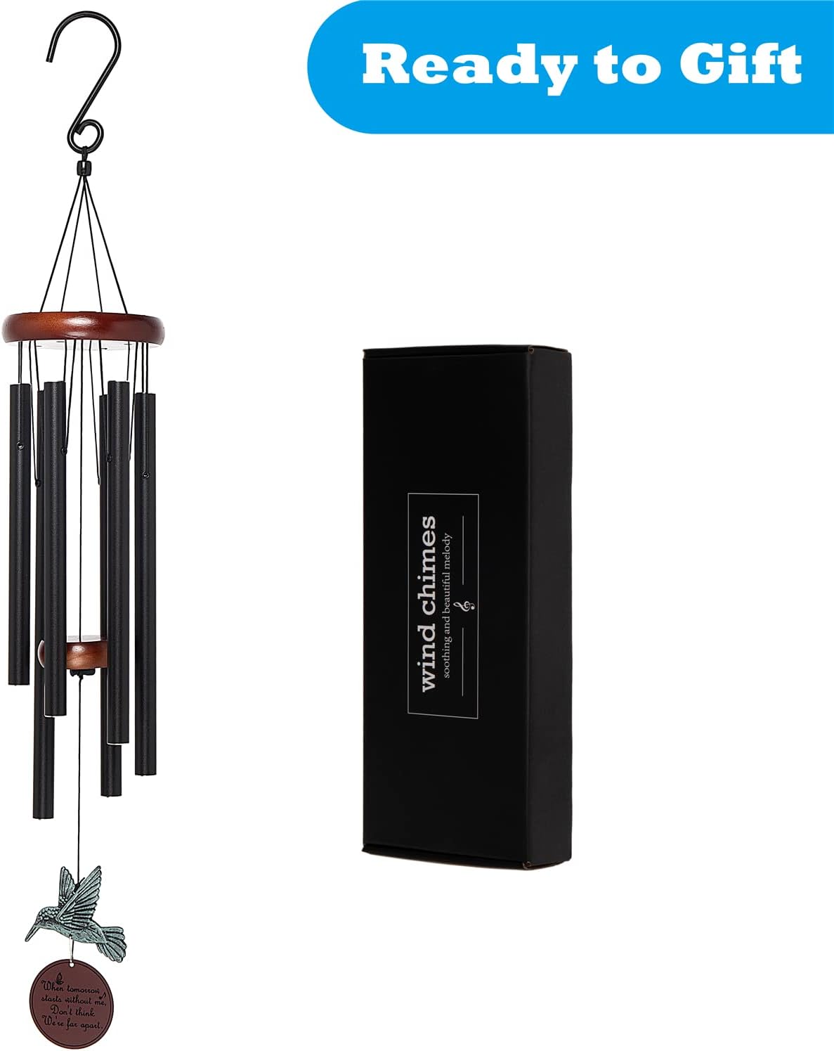Memorial Wind Chimes Outdoor with Hummingbird Wind Spinner, Deep Tone Large Sympathy Windchime 33&#x22; with 6 Heavy Tuned Tubes Gift for Patio, Porch, Garden, Backyard