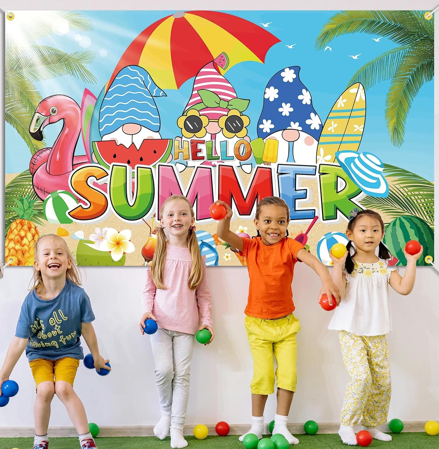Backdrop Banner for Hello Summer 73 x 43 Inch Large Size Flamingo Palm Tree Background Banner for Summer Vacation Party Decorations for Summer Beach Pool Party Indoor Outdoor Photo Booth Props