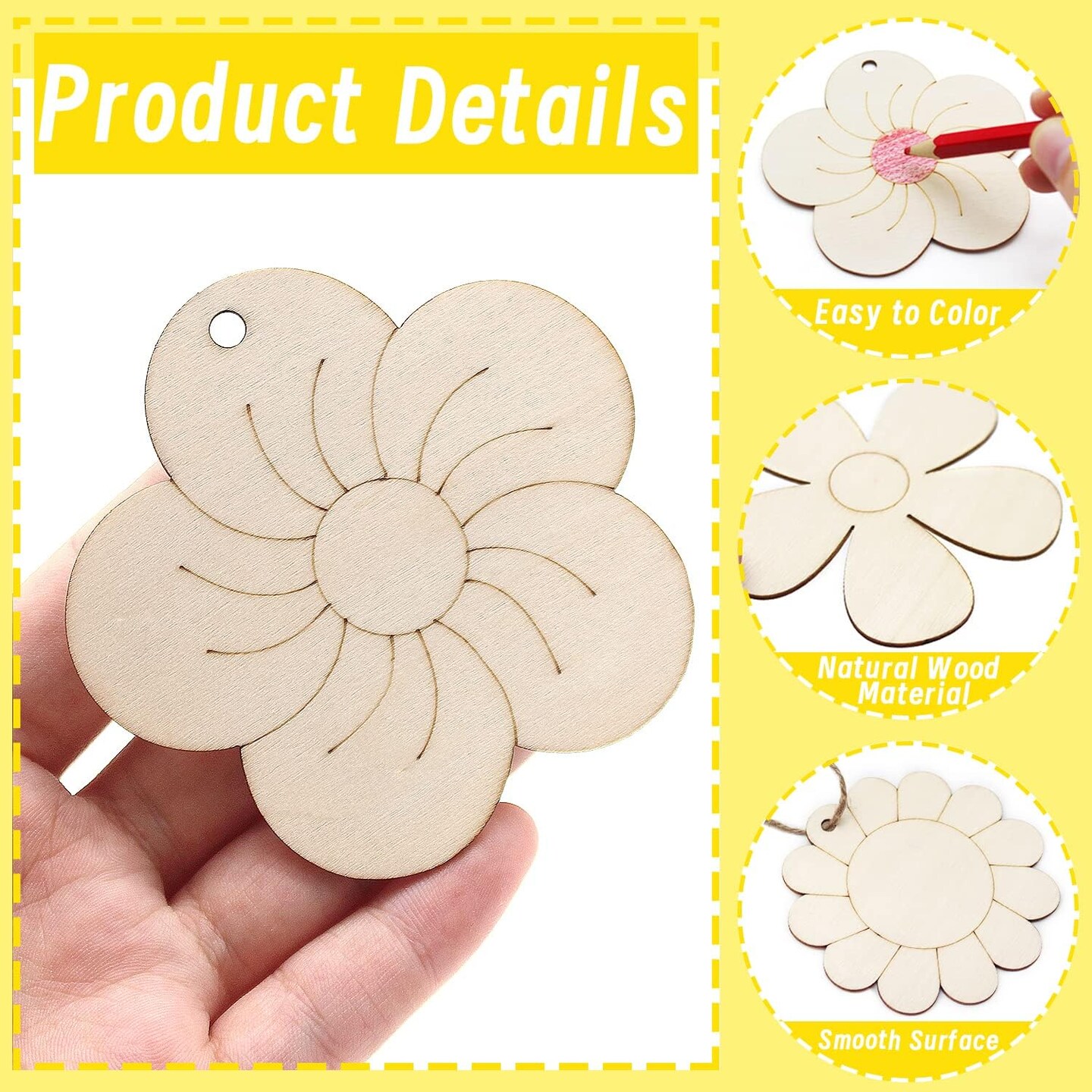 30 Pieces Flowers Wood Cutouts Floral Wooden Slices 3 inch Unfinished Blank Wood Ornaments Flower Embellishments for Painting DIY Projects Decoration(6 Flower Styles with 30 Hanging Strings)
