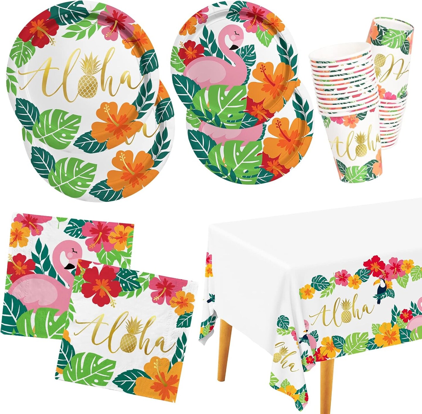 Tropical Luau Party Supplies Flamingo Party Dinnerware Set Disposable Paper Plates Napkins Cups and Tablecloth for Hawaiian Beach Party Decorations