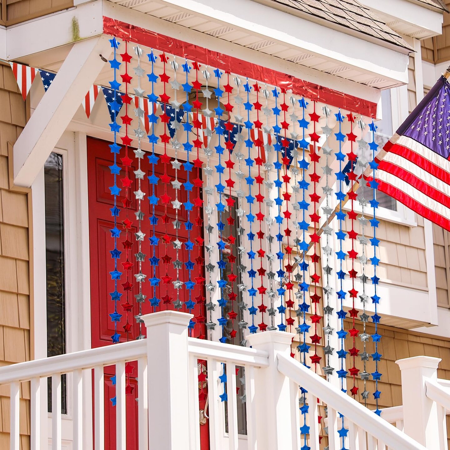 4th of July Decorations, 4 Pack Red Blue and White Star Tinsel Foil Fringe Curtains with 1 Pack Banner, Independence Day Fringe Curtain Backdrop for Photo Booth, Memorial Day, Patriotic Party