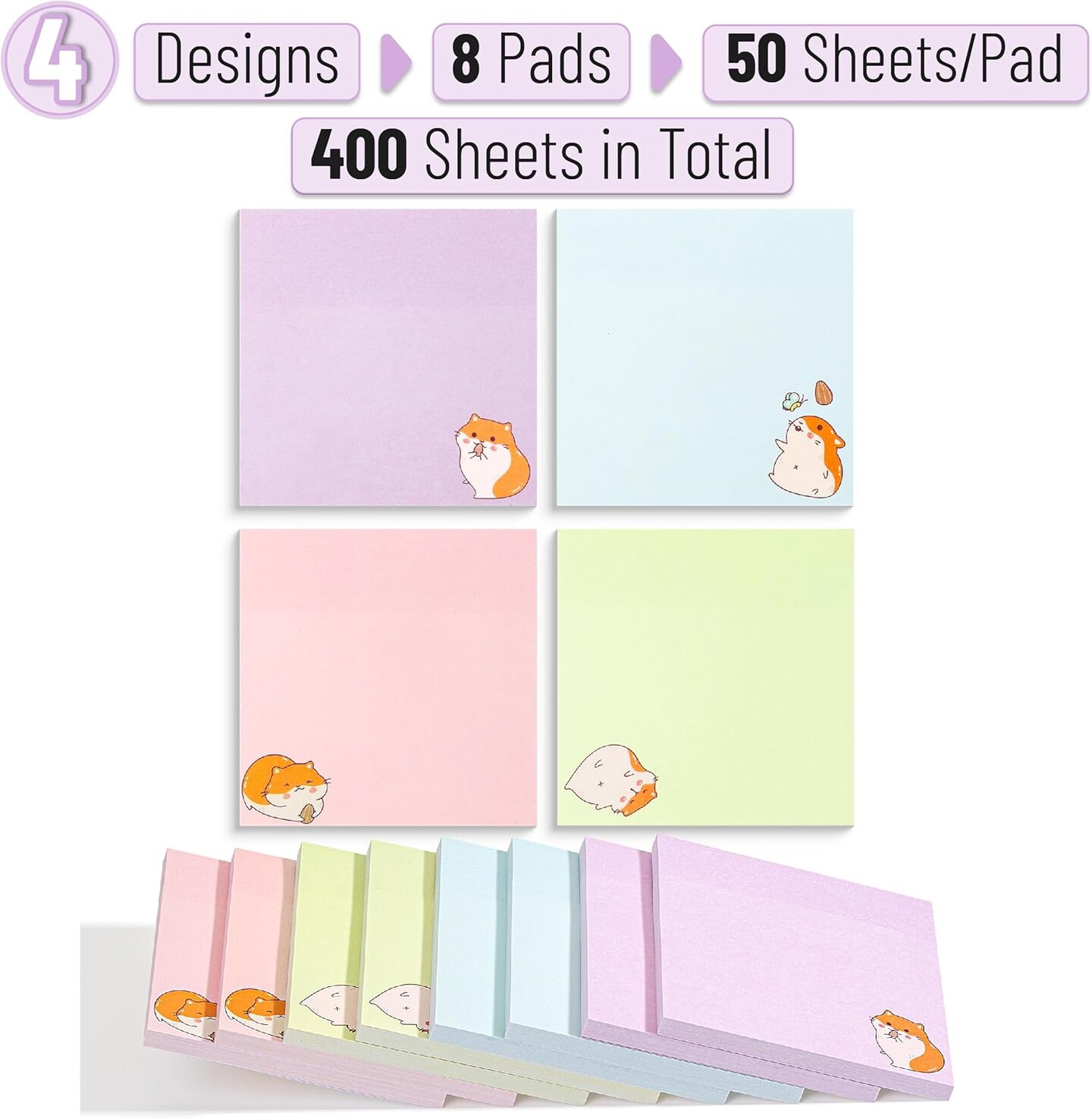 Sticky Notes, 8 Pads, 400 Sheets, Tiny Hamster Sticky Notes
