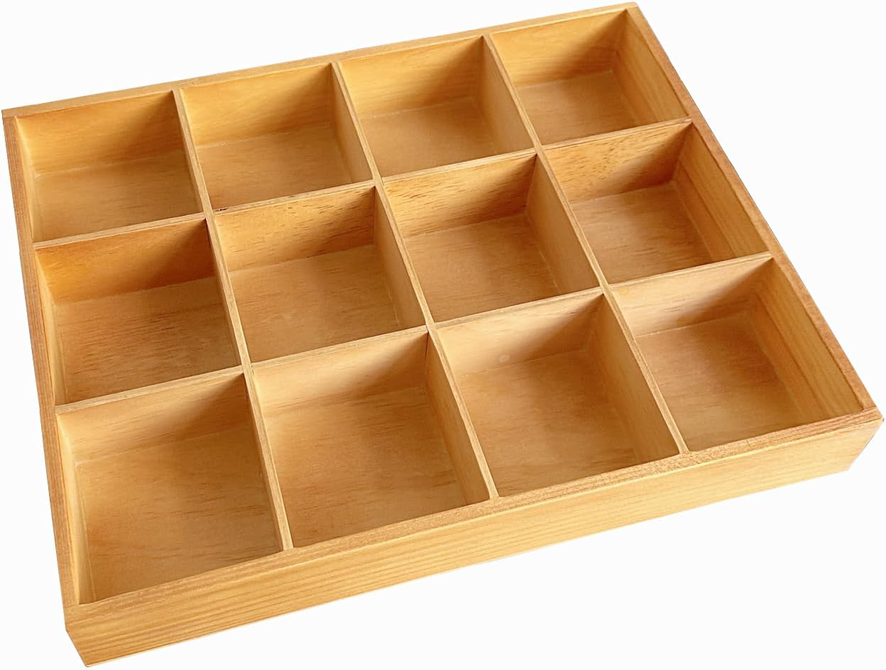 1 Pcs 13.4&#x27;&#x27;x10.6&#x27;&#x27;x2&#x27;&#x27; Wooden Storage Divider Box Showcase Display Box Organization Tray Tabletop Box with 12 Compartments for Home Craft Office Kitchen Storage