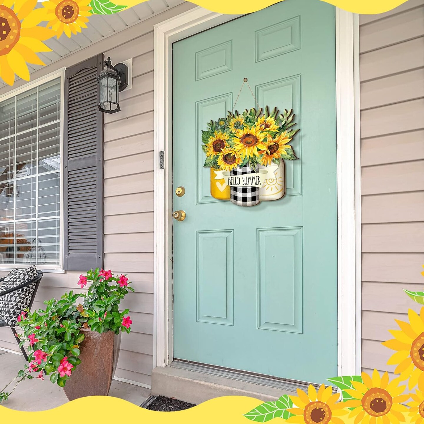Sunflower Hello Summer Sign Welcome Wood Flower Sign Front Door Decor Inspirational Wood Hanging Door Sign Outdoor Wooden Front Door Decorations for Farmhouse Porch