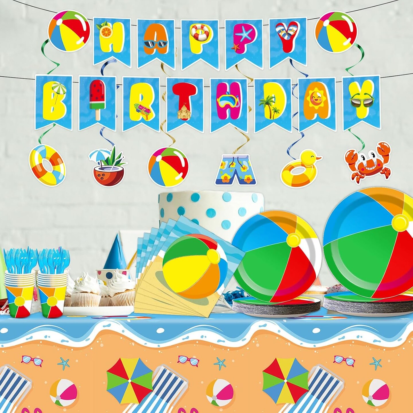 184pcs Summer Beach Ball Party Supplies Set Includes Plates Napkins Cups Tablecloth Swirls Banner Tableware Kit Dispose Summer Pool Birthday Decorations