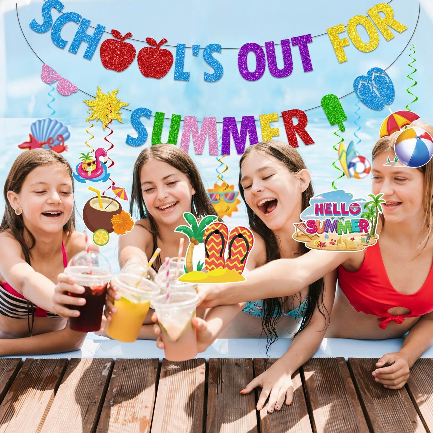 Schools Out for Summer Decorations Banner Swirls, NO-DIY End of School Year Party Decorations Include 1 Pc Out for Summer Banner and 8 Pcs Hanging Swirls