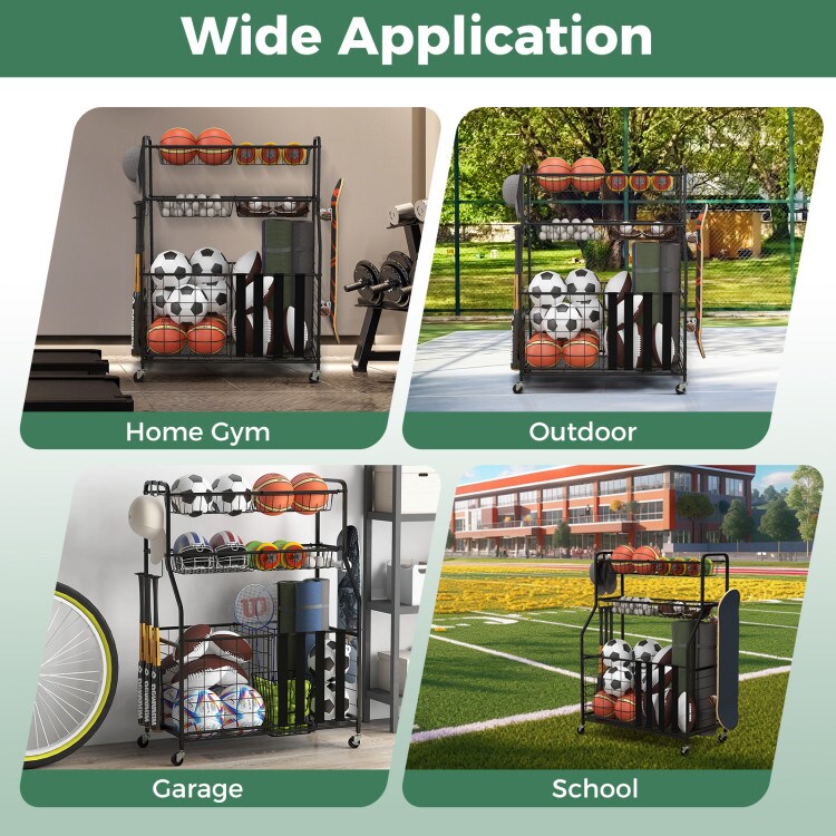 Rolling Sports Equipment Organizer &#x2013; Multi-Storage Rack with Bins