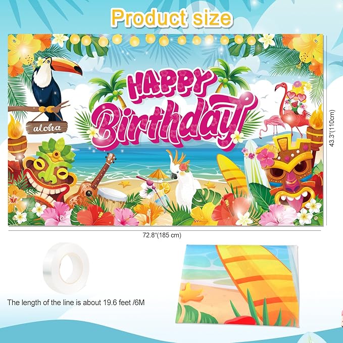 Hawaiian Birthday Backdrop Banner Decorations Aloha Luau Party, Large 72" x 43" Summer Happy Birthday Party Supplies for Hawaiian Tiki Beach Pool Party Flamingo Jungle Photography