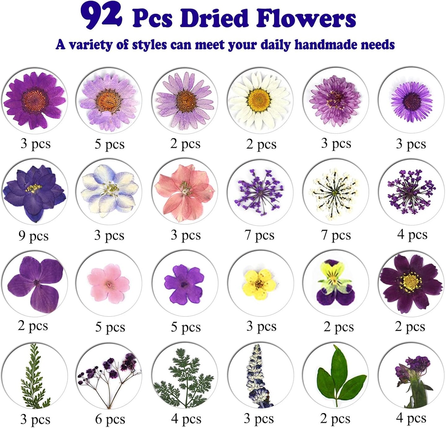 92 Pcs Purple Dried Pressed Flowers Real Natural Leave Petals for DIY Resin Candle Jewelry Nail Crafts