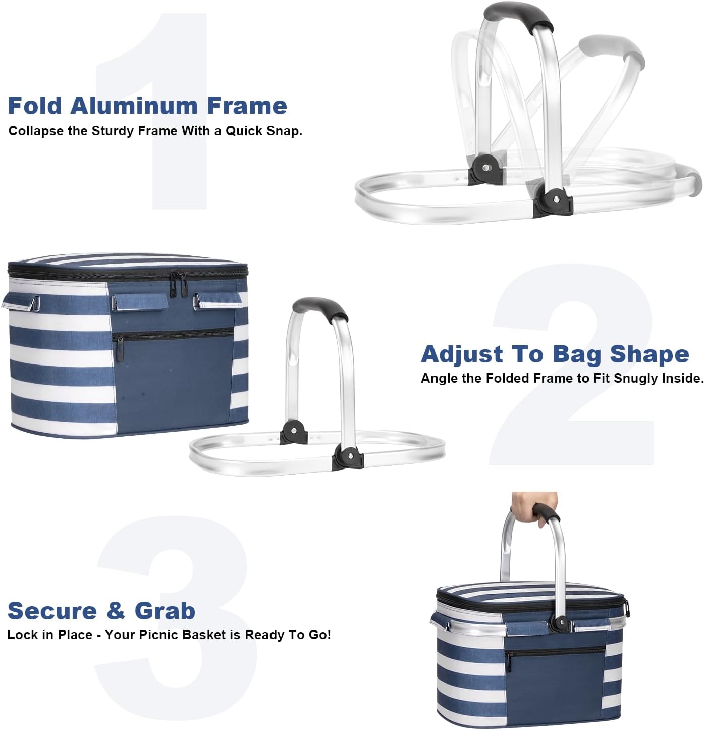 Insulated Picnic Baskets Shoping Basket Cooler Bag Collapsible Portable Picnic Basket (Blue White Stripe)