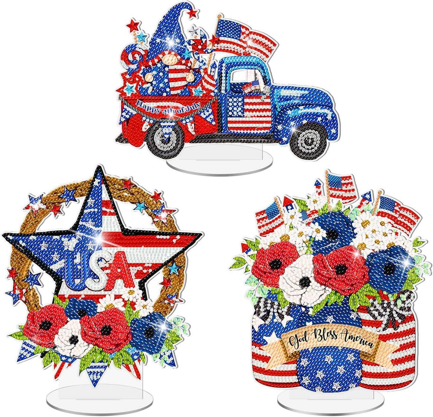 3 Pcs Memorial Day Diamond Painting Kit Tabletop Decorations Patriotic Centerpieces 4th of July DIY Diamond Art Independence Day Desktop Ornaments