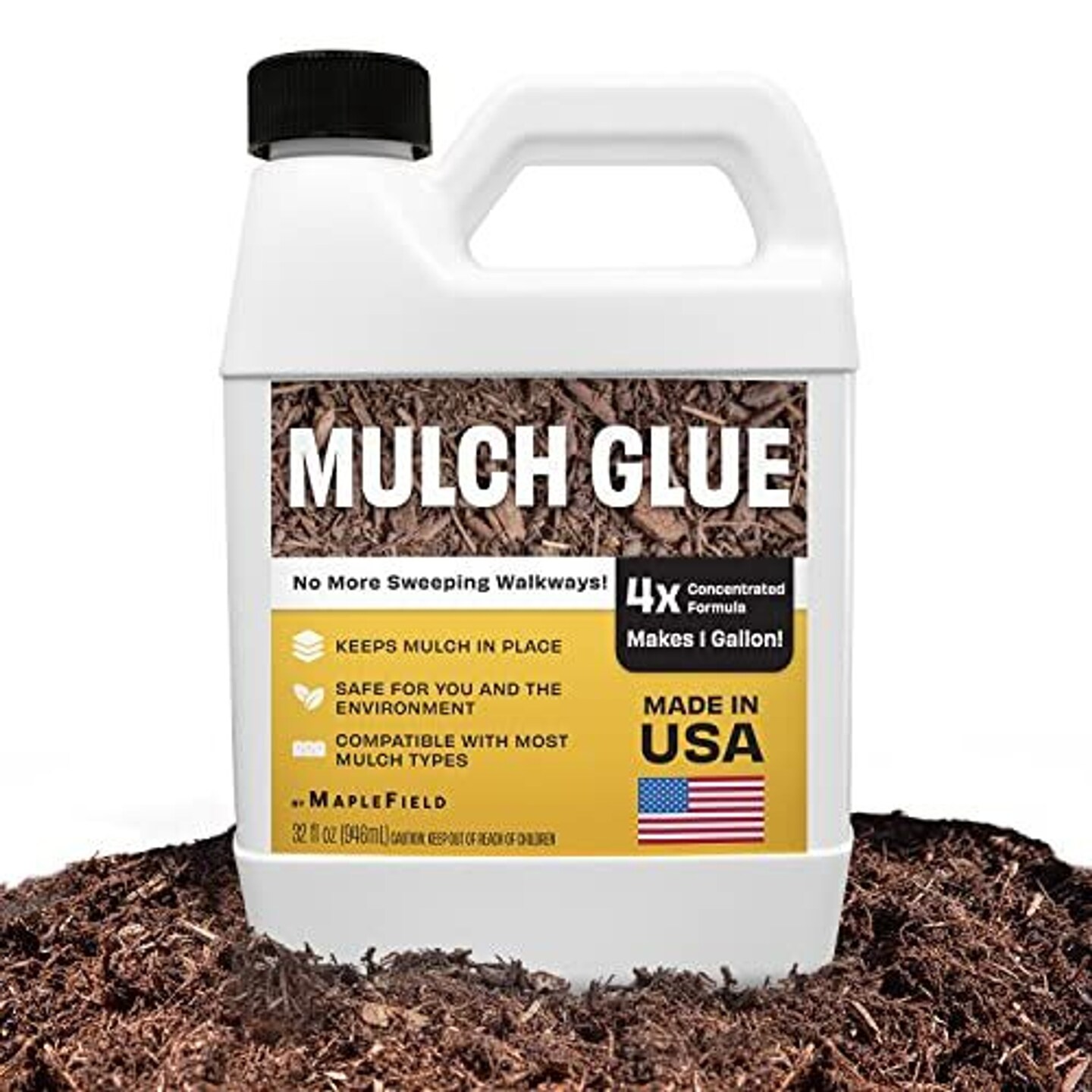 Maplefield Mulch Glue Concentrate 32 oz - 4x Strength - Adhesive for Rubber, Bark, &#x26; Straw Mulch - Superior Hold &#x26; Makes 1 Gallon for Garden &#x26; Outdoor Spaces