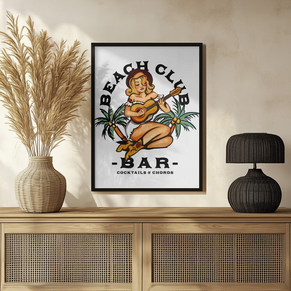 Beach Club Bar. Sailor Jerry Style Pin-up Girl Playing Guitar - The Whiskey Ginger 24x36 Black Framed Art | Home or Office Art