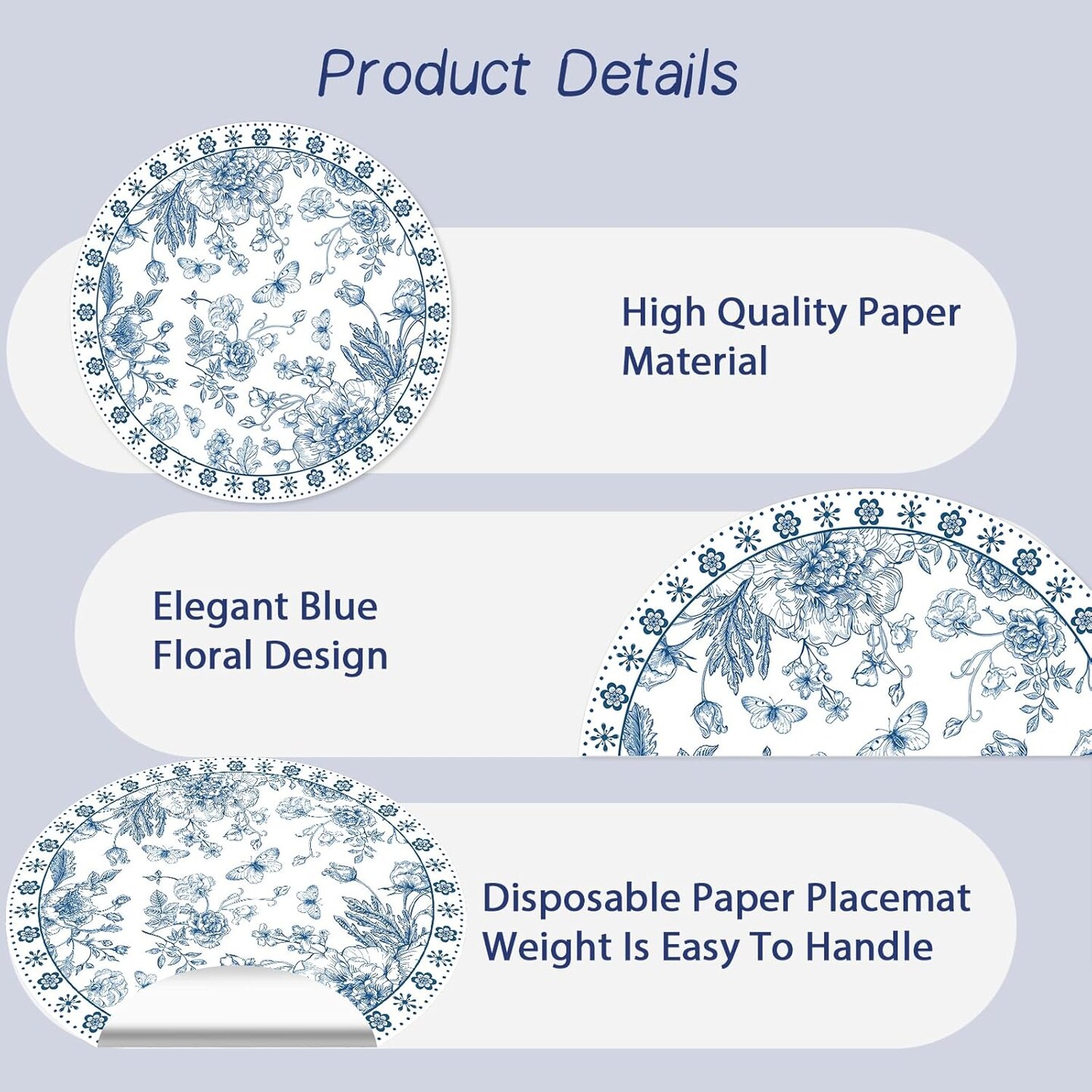 Paper Placemats Disposable 50 Pack Blue Floral Place Mats 13.7 Inch Chinoiserie Round Table Mats for Dinner Table Setting Birthday Wedding Party Supplies (Chinoiserie)