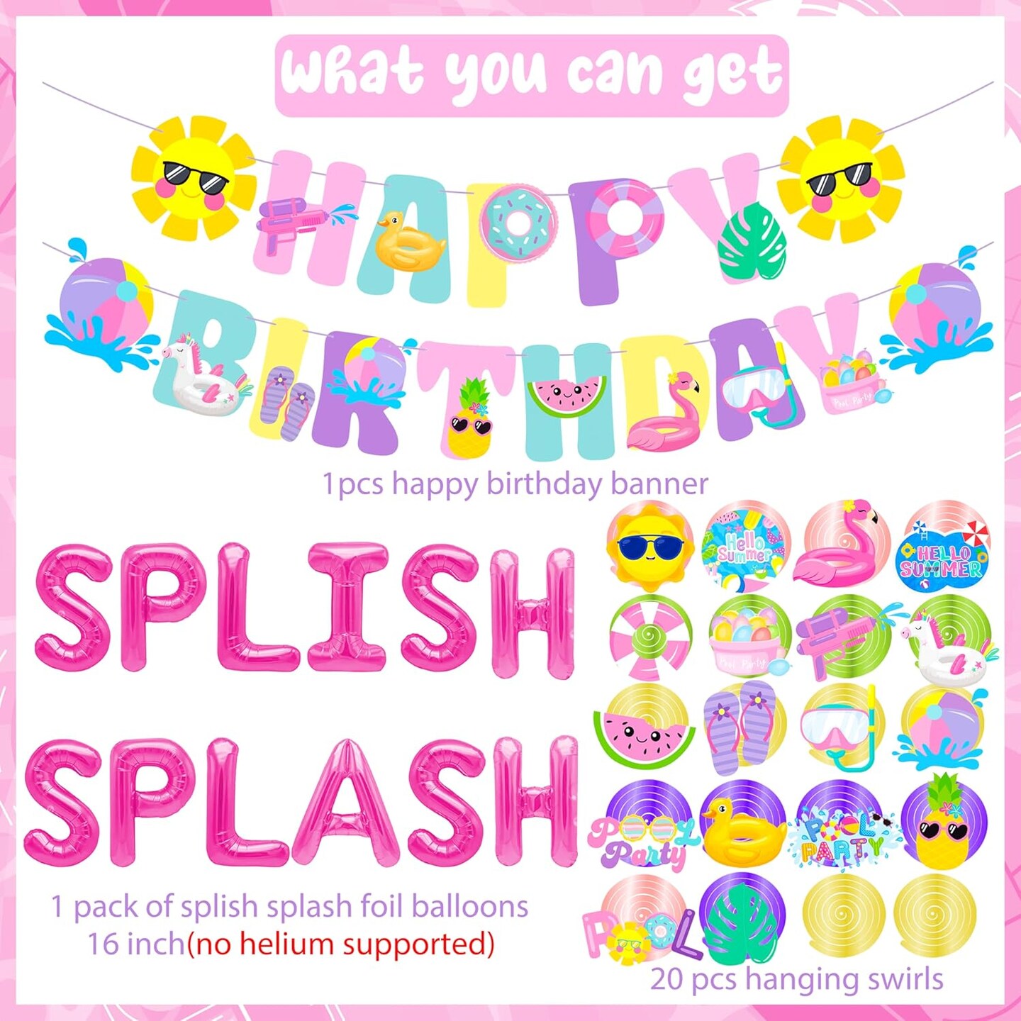 Splish Splash Birthday Decorations Foil Balloons Pool Birthday Party Banner Summer Pool Party Hanging Swirls for Girls Summer Beach Party Hawaiian Luau Tropical Party Decorations