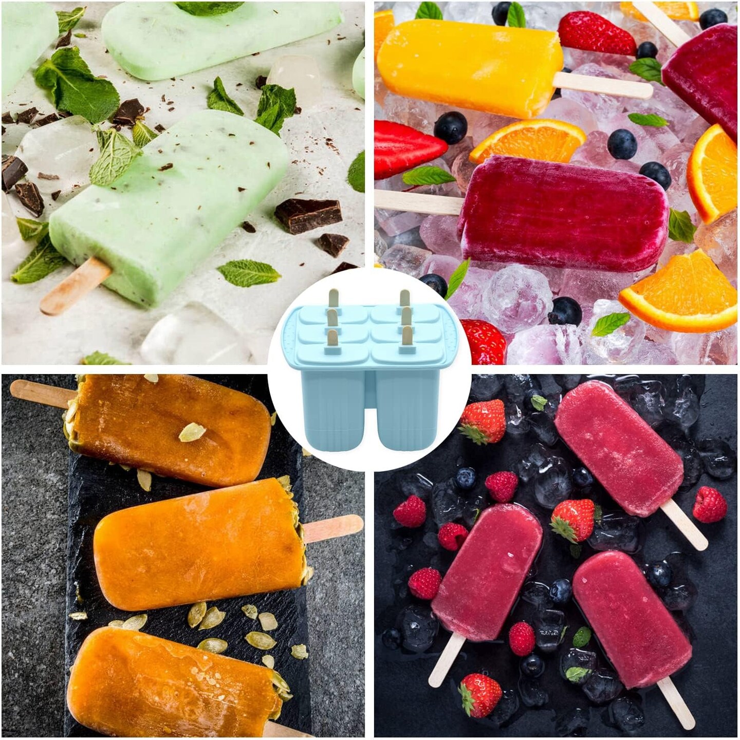 6-Piece Silicone Popsicle Molds BPA-Free – Reusable Easy-Release Ice Pop Maker for Kids, Homemade Popsicle Set with 50 Sticks & 50 Popsicle Bags (Blue)