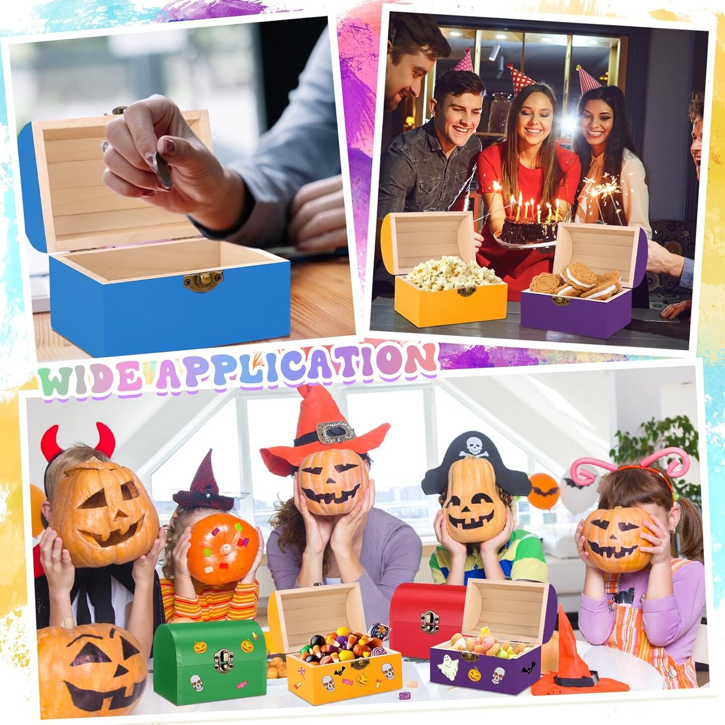 12 Pcs Unfinished Wooden Treasure Chest Boxes 4.7 x 3.5 x 3.1 Inch Mini Small DIY Treasure Chests Craft Bulk with Hinged Lid to Paint Party Gifts Prizes(Colorful)