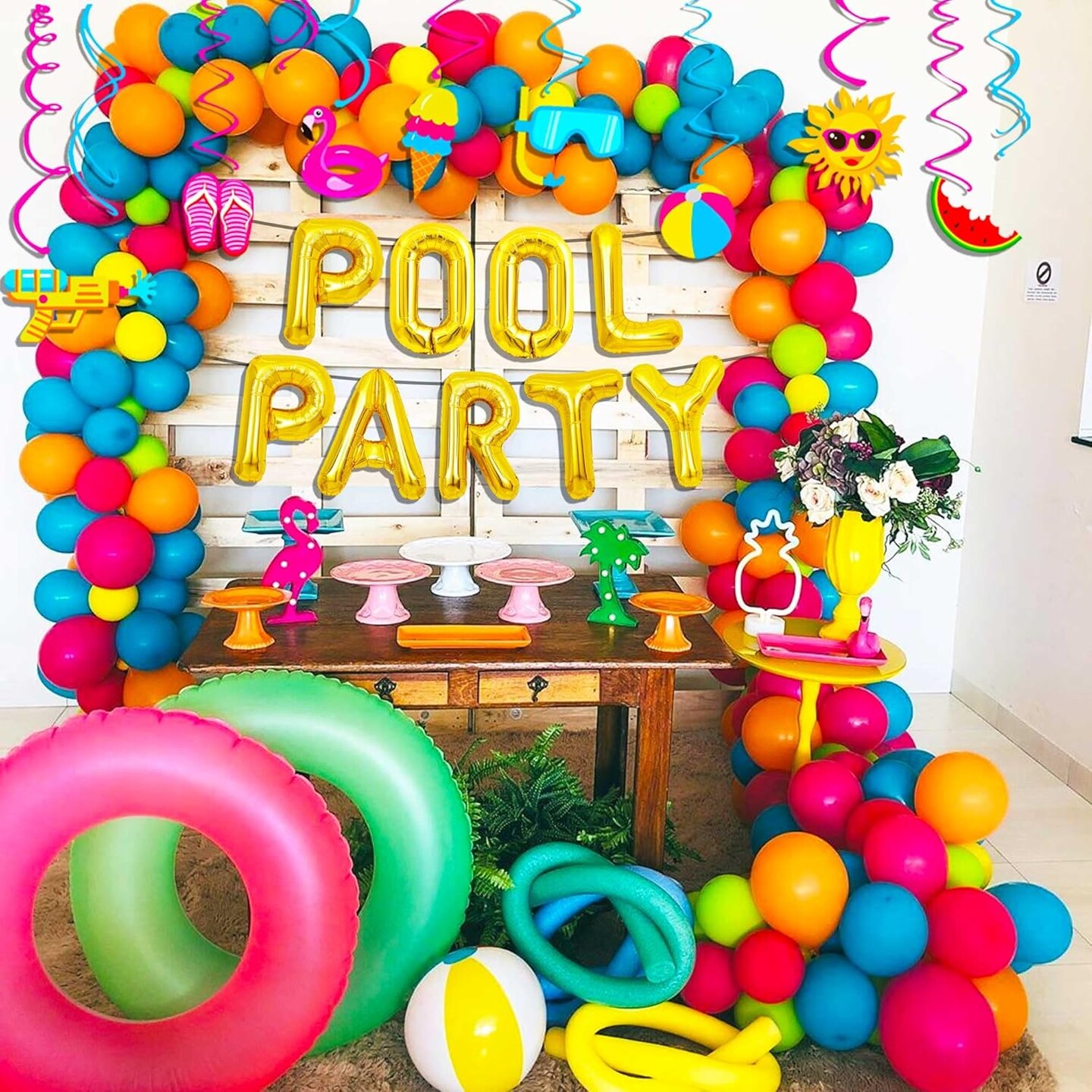 Summer Pool Party Hanging Swirls Decorations – 15 Pack Foil Ceiling Swirls with Beach Balloons & Banner, Tropical Swimming Pool Party Favors