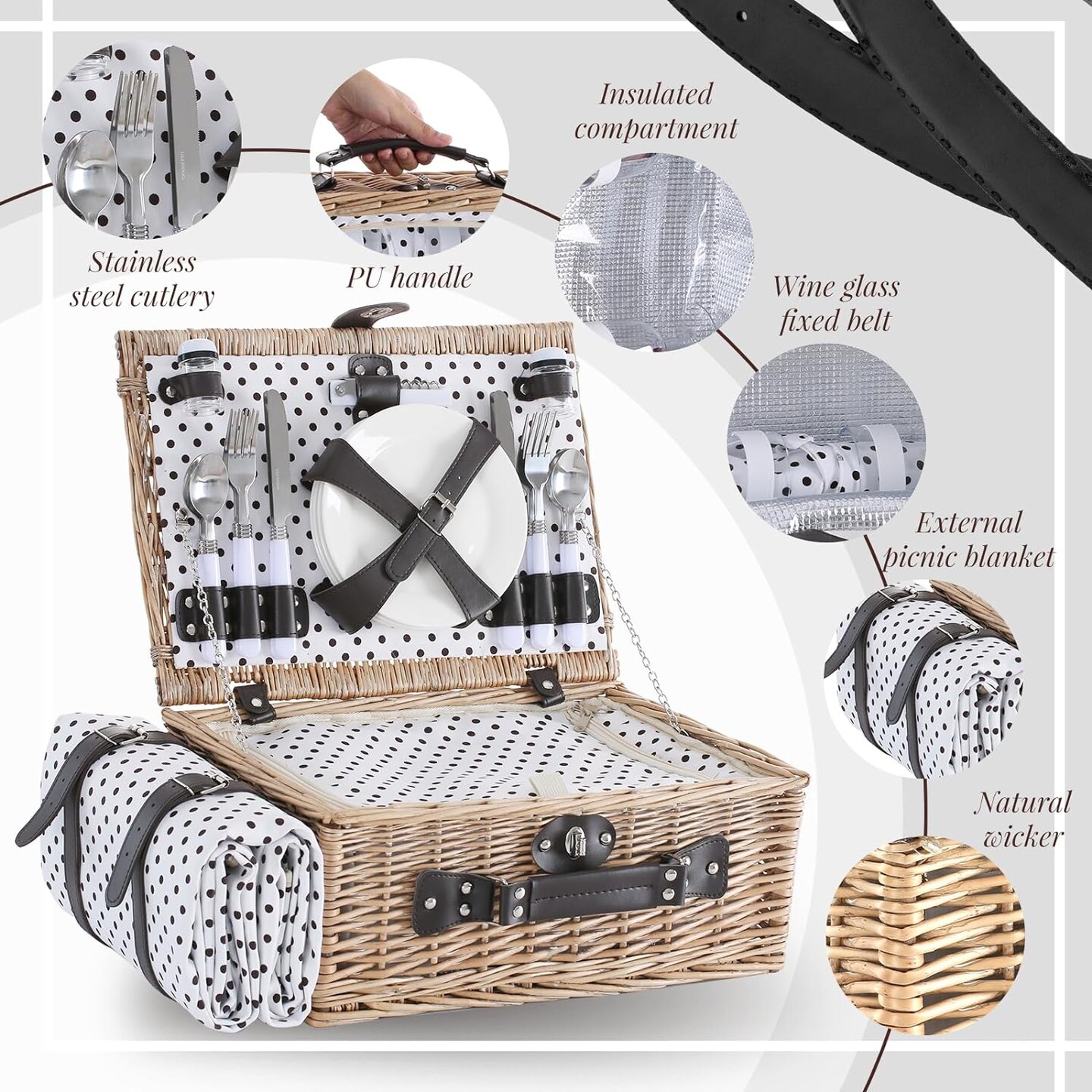 Picnic Basket for 4 Persons Willow Weaving Picnic Set with Cooler Insulation Bag and Waterproof Picnic mat Picnic Baskets for Camping,Wedding,Summer Beach, Outdoor,Birthday Gifts