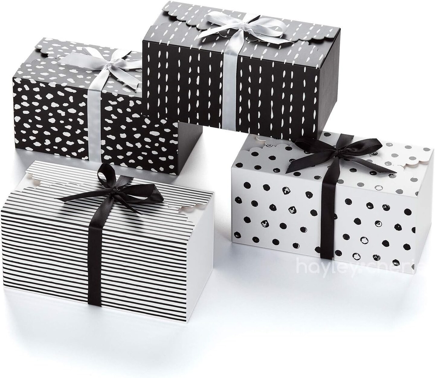 Small Black & White Gift Boxes with Lids & Ribbons (20 Pack) 8” x 4” Cute Decorative Treat Boxes Empty