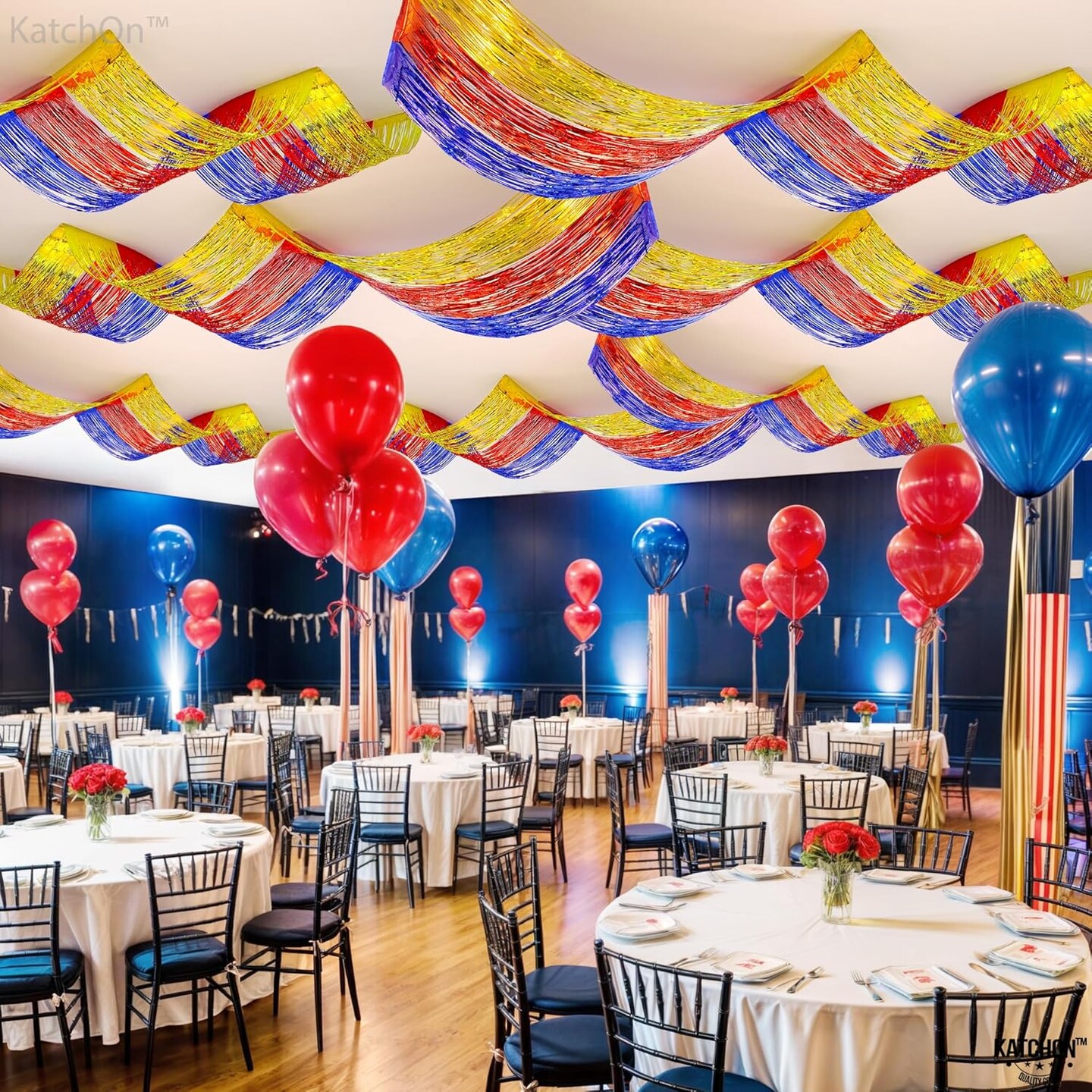 XtraLarge Red Gold Blue Ceiling Fringe Curtain - 1x15 Feet, Pack of 3 Party Decorations