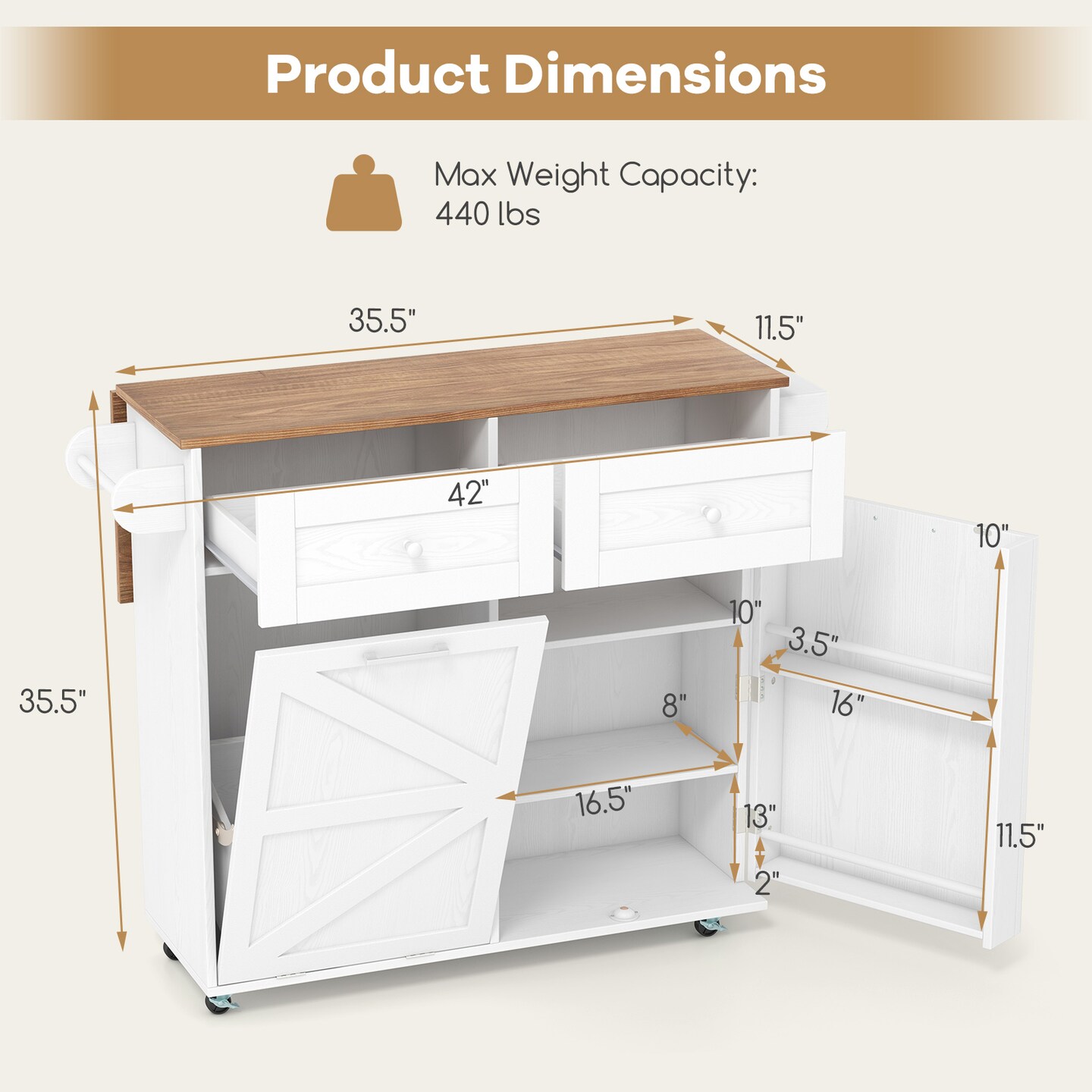 MDF Kitchen Island Cart with Drop Leaf, Trash Cabinet, Drawers and Lockable Wheels