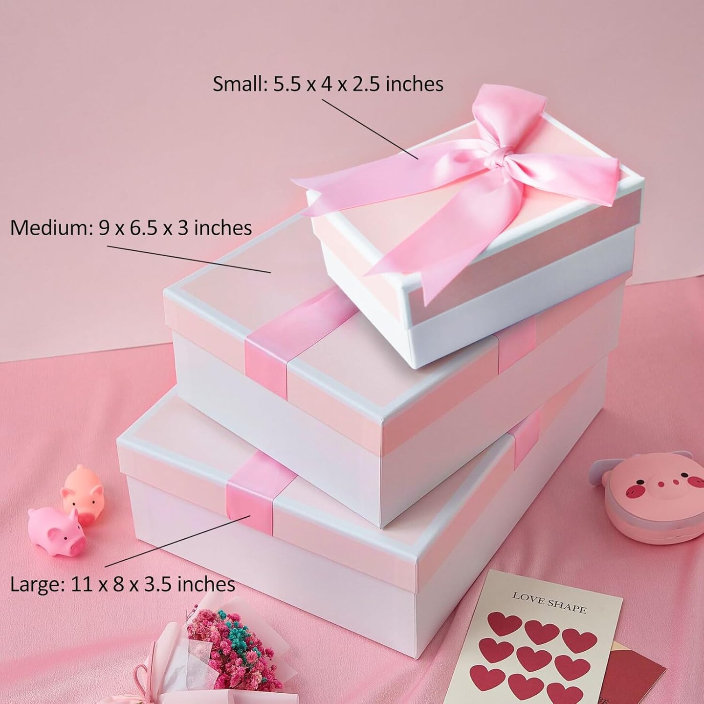 Gift Boxes With Lids For Presents, Set Of 3 Pink Gift Wrap Boxes With Ribbon, Assorted Boxes For Presents, Sturdy & Pre-Wrapped Gift Box