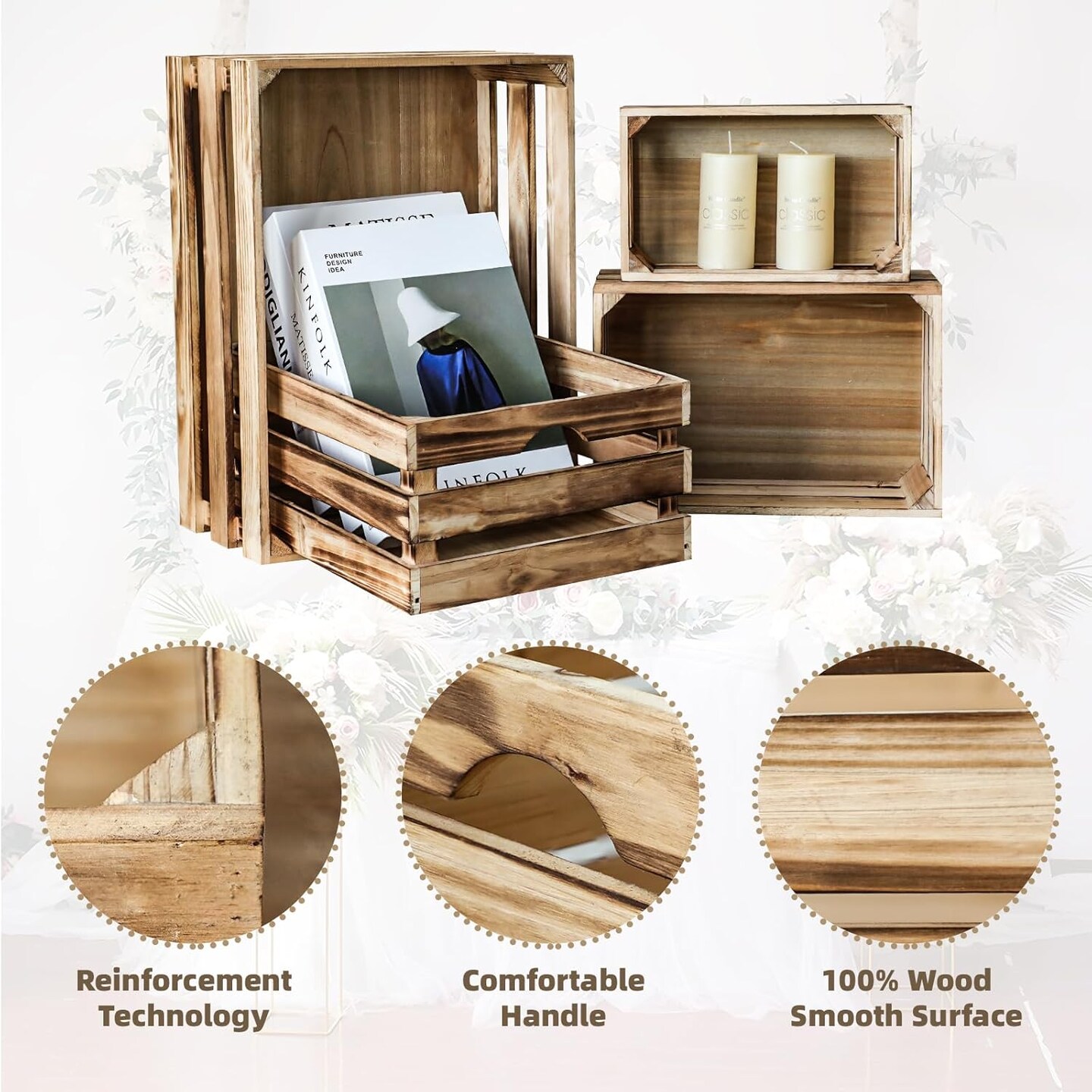 Set of 4 Large Torched Wood Decorative Storage Crates, Nesting Wooden Crates for Display Rustic, Farmhouse Wooden Storage Container Boxes Made from 100% Wood