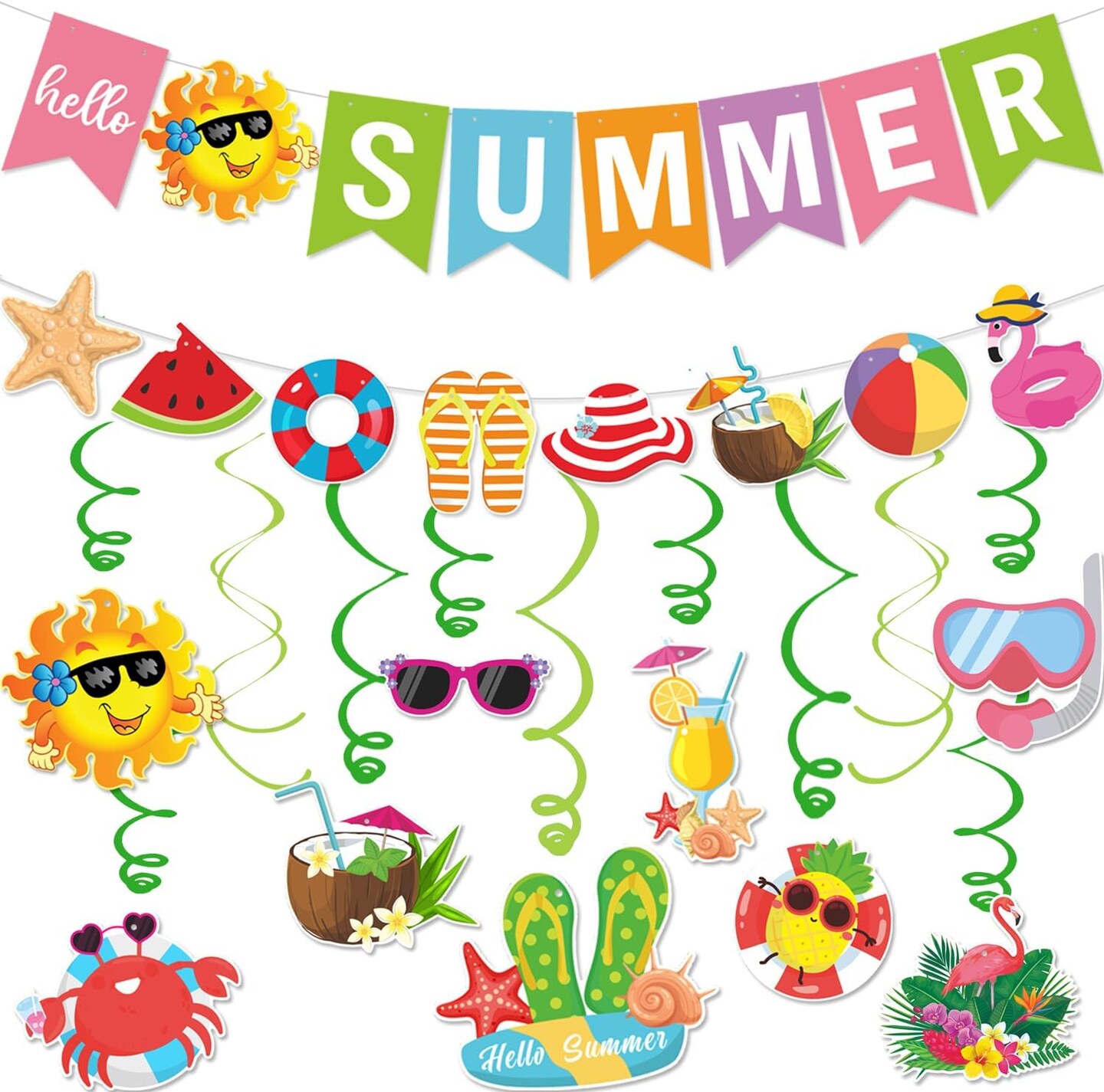 Colorful “Hello Summer” Party Decorations Set – Beach & Pool Theme Banner, Hanging Swirls & Vacation Garland for Summer Holiday Parties