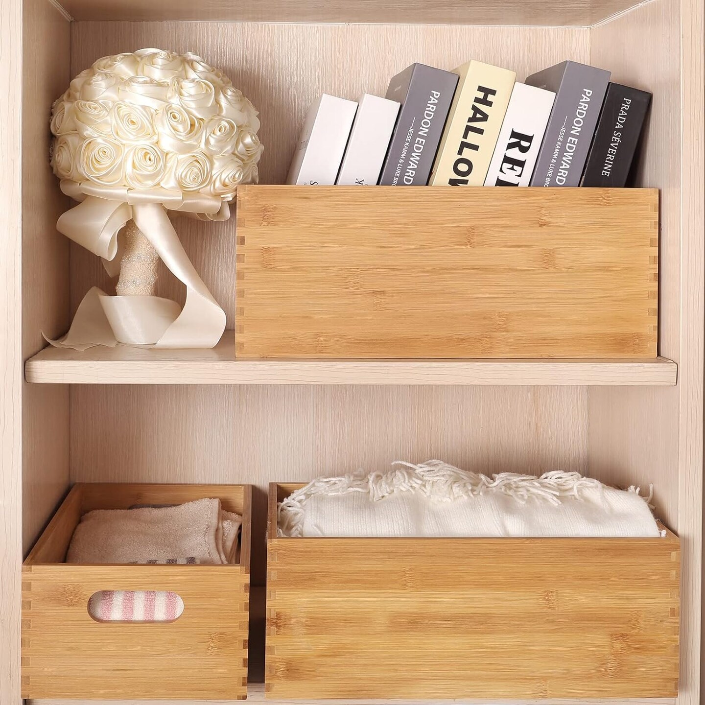 Set of 4 Nesting Wooden Crates for Storage, Bamboo Wood Storage Containers Bins, Handmade Natural Large Wooden Storage Boxes Baskets with Handles for Organizing Shelf Closet Cabinet